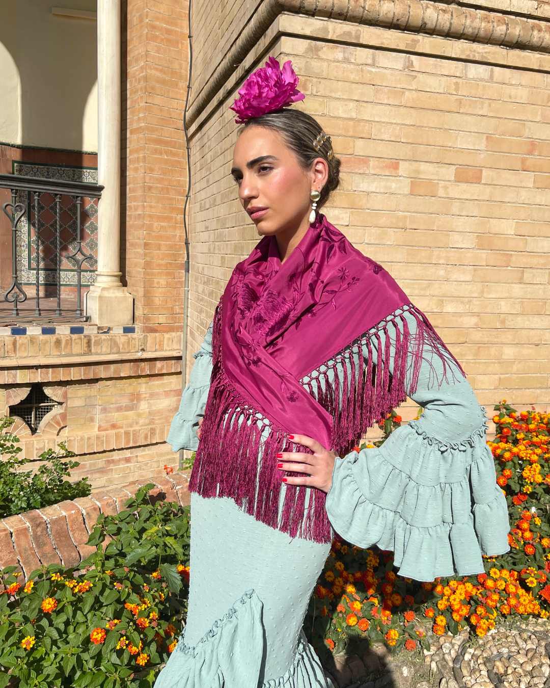 Mantoncillo 'Koralti' flecado en seda Frambuesa Monocolor