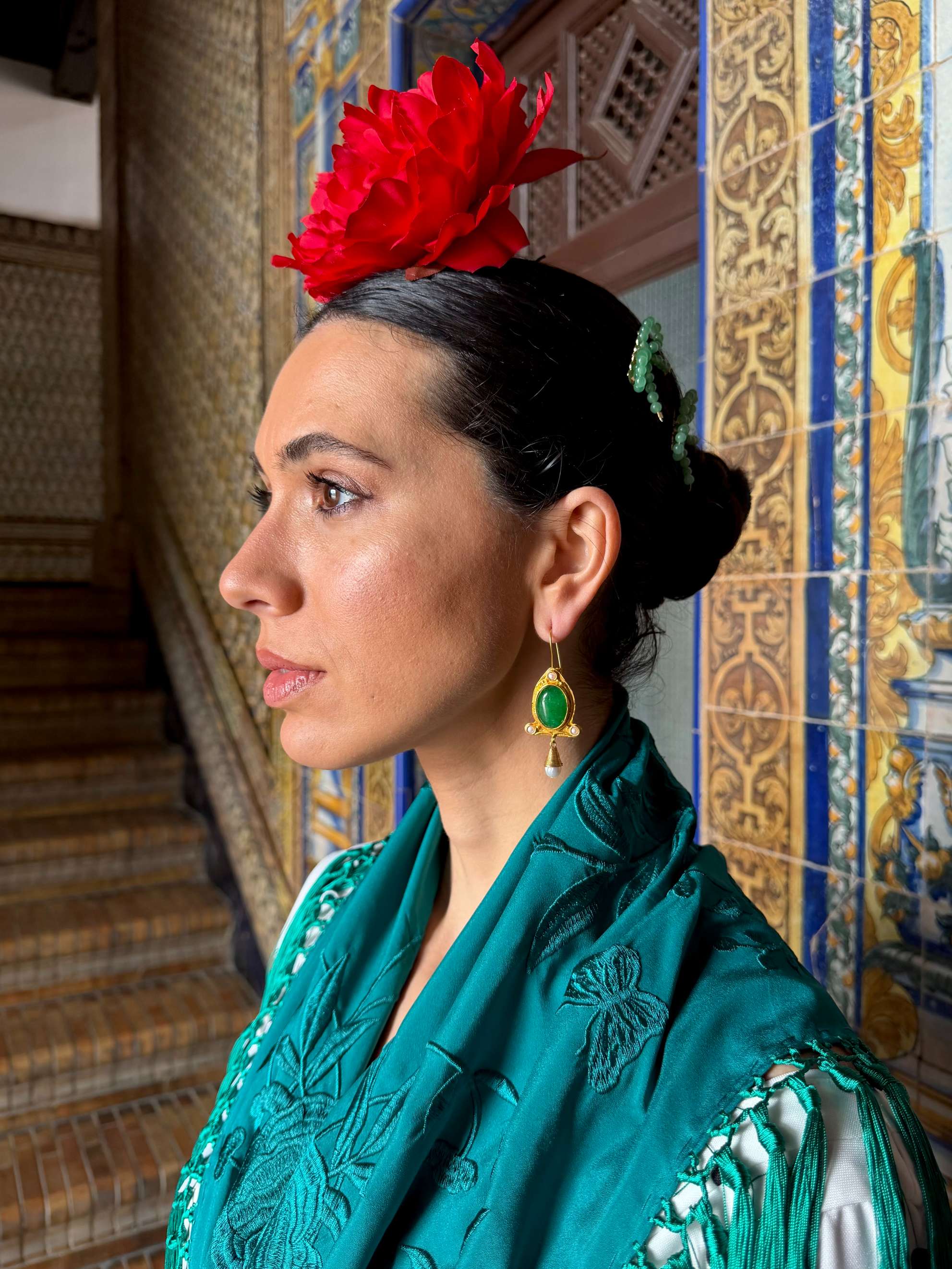Pendientes de Flamenca Joya Gota con Piedras Verde y Perlas