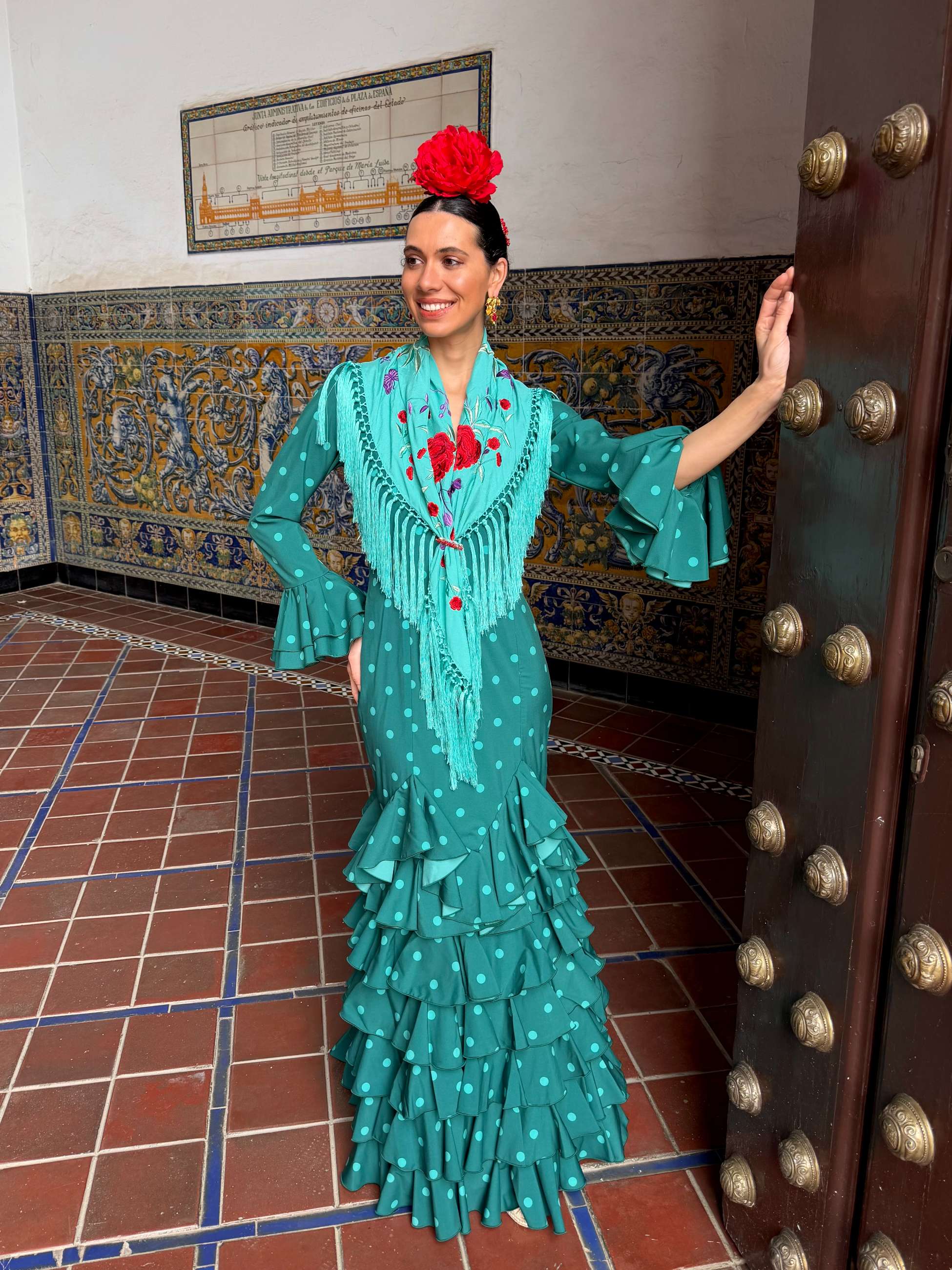 Traje de Flamenca Multivolantes Picos Verde Esmeralda Lunar Aguamarina