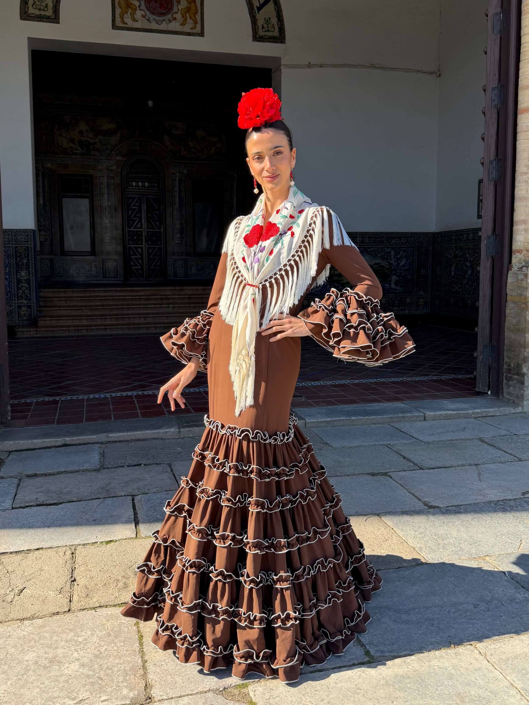 Traje de Flamenca Canastero Adorno Garrucha Marrón Chocolate