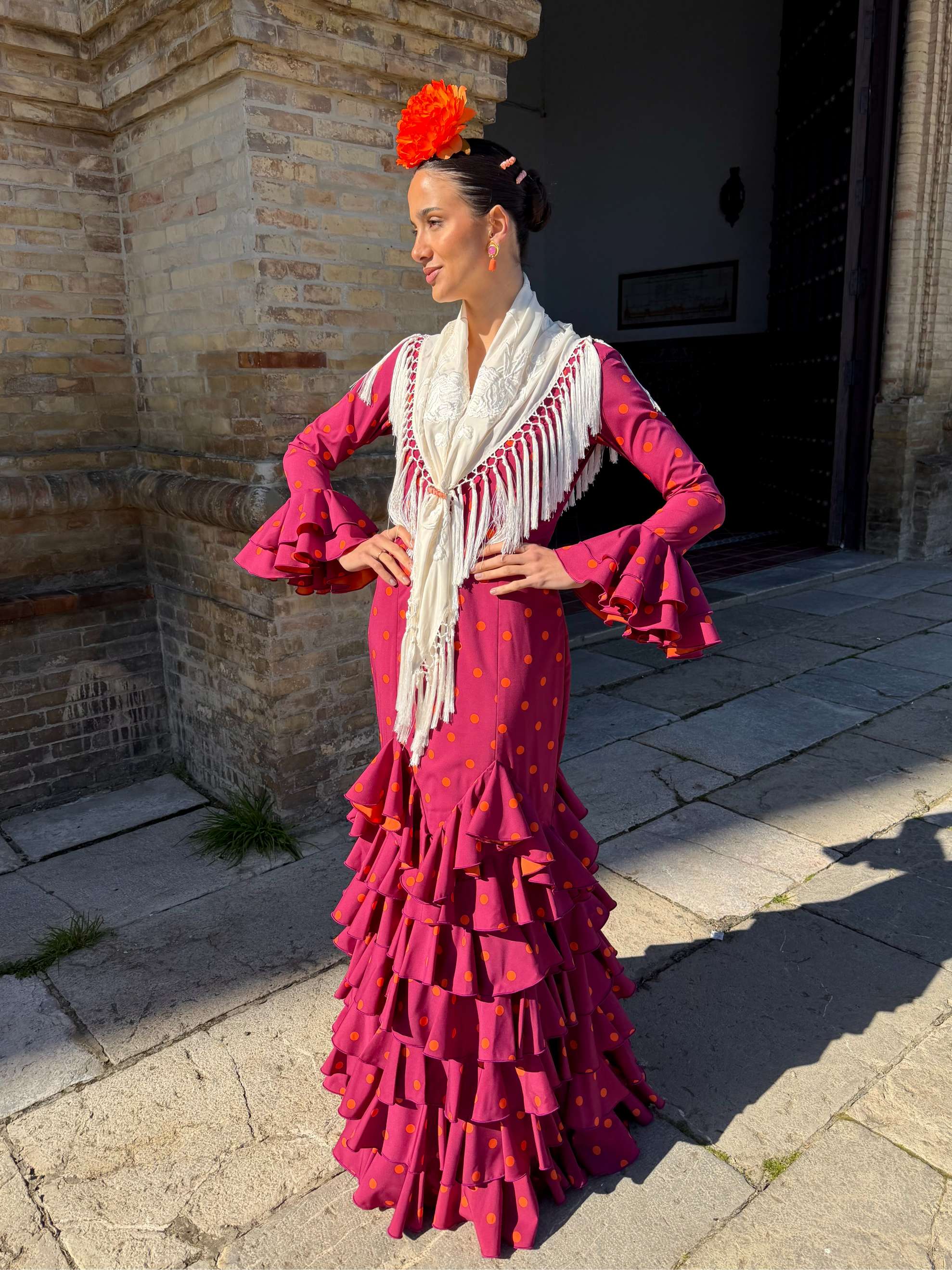 Traje de Flamenca Multivolantes Picos Buganvilla lunar naranja
