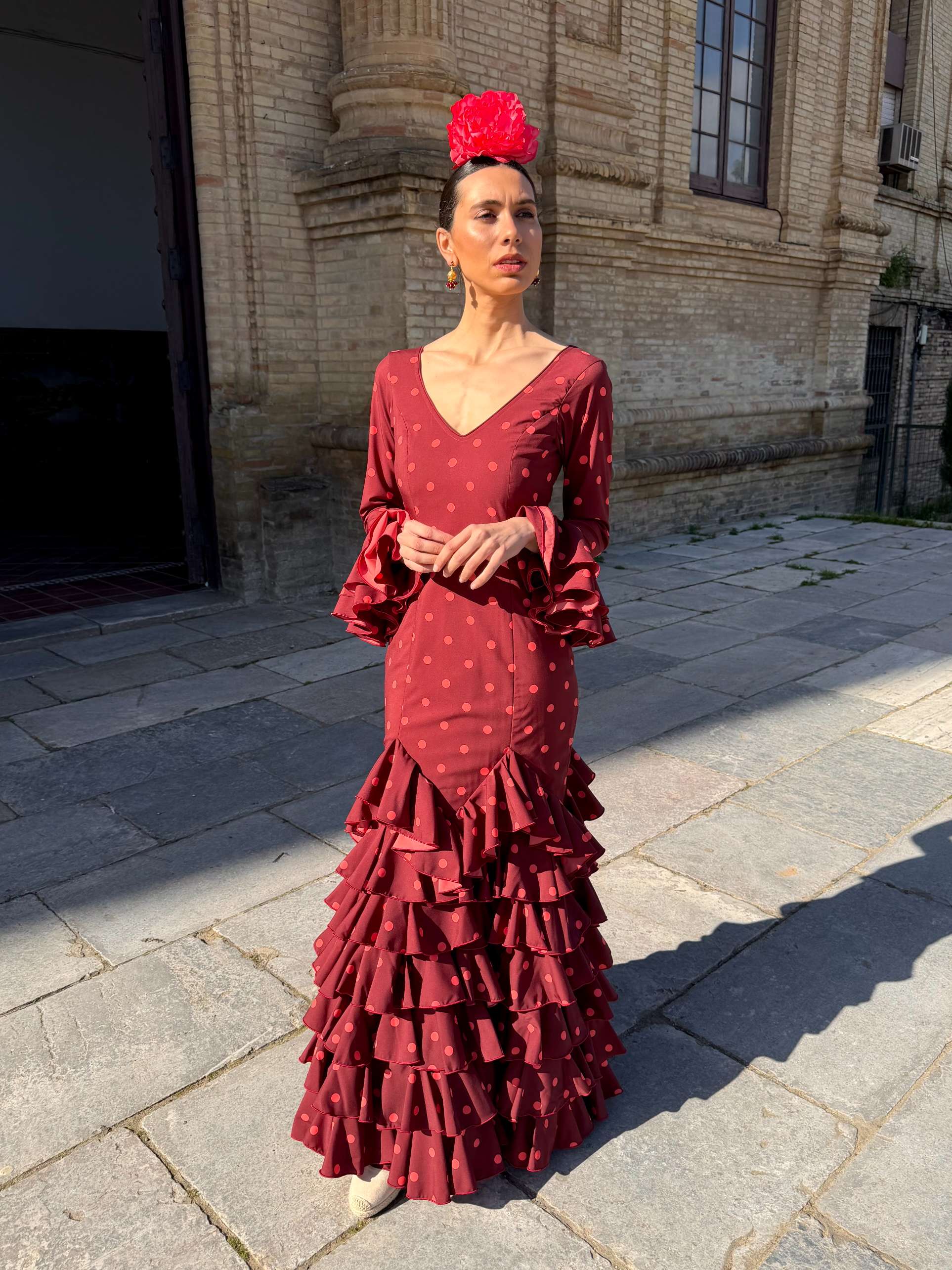 Traje de Flamenca Multivolantes Picos Caldera lunar coral