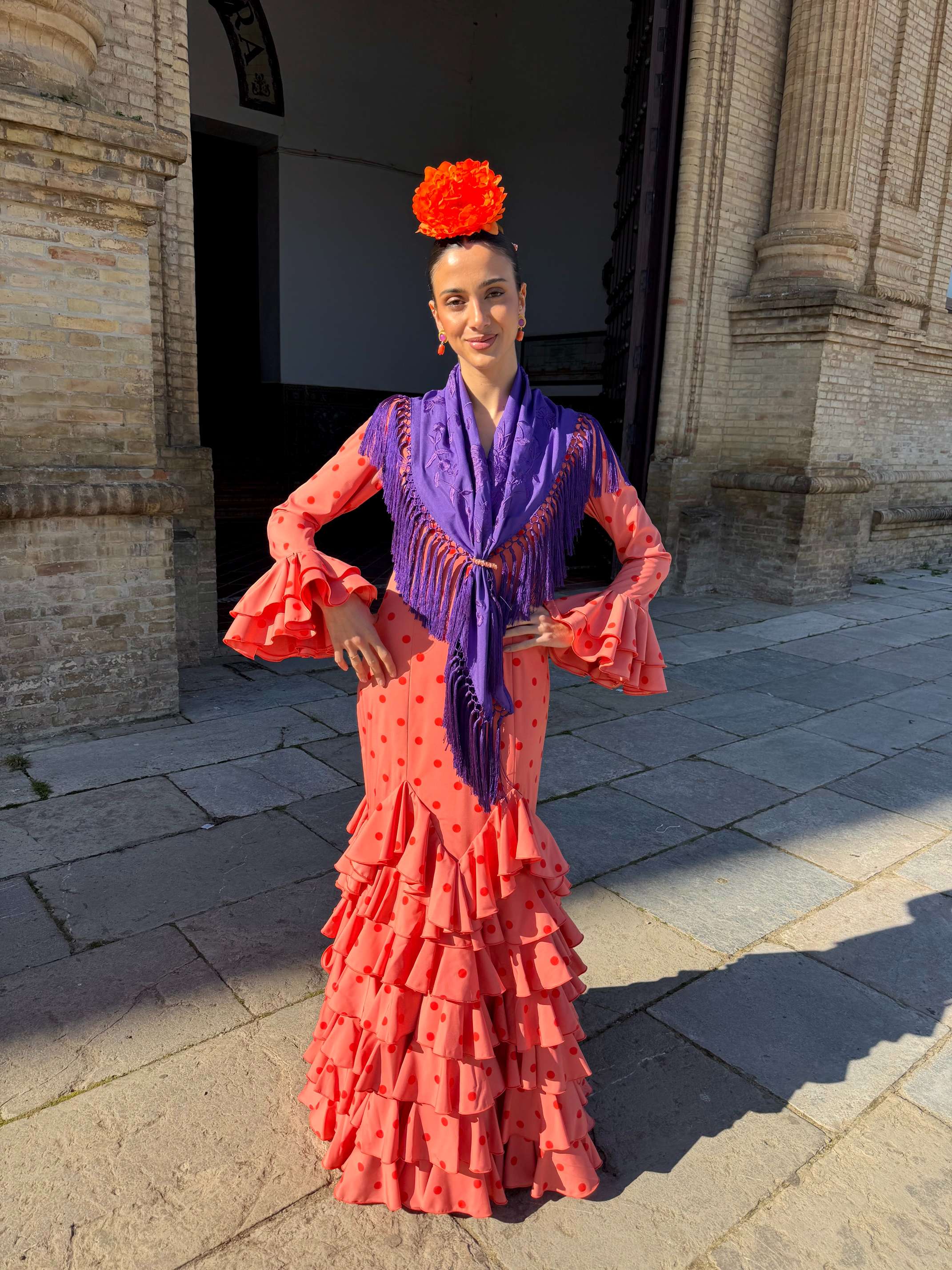 Traje de Flamenca Multivolantes Picos Coral Lunar Mandarina