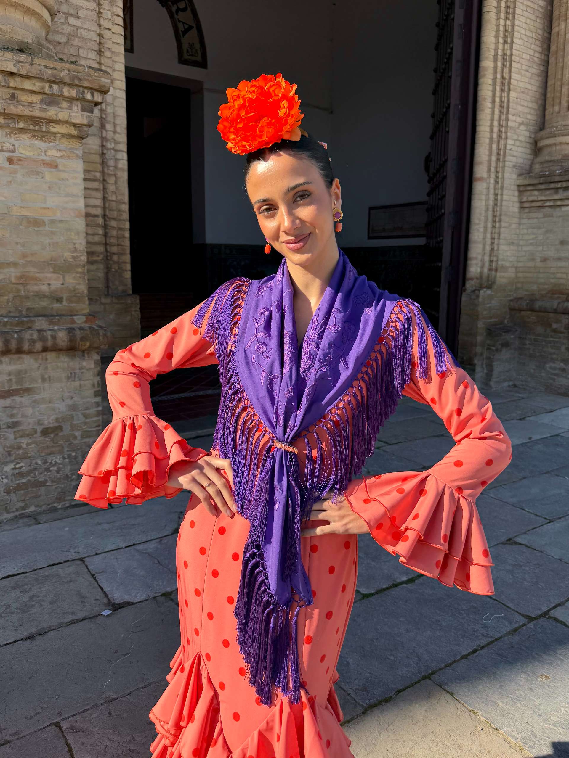 Traje de Flamenca Multivolantes Picos Coral Lunar Mandarina