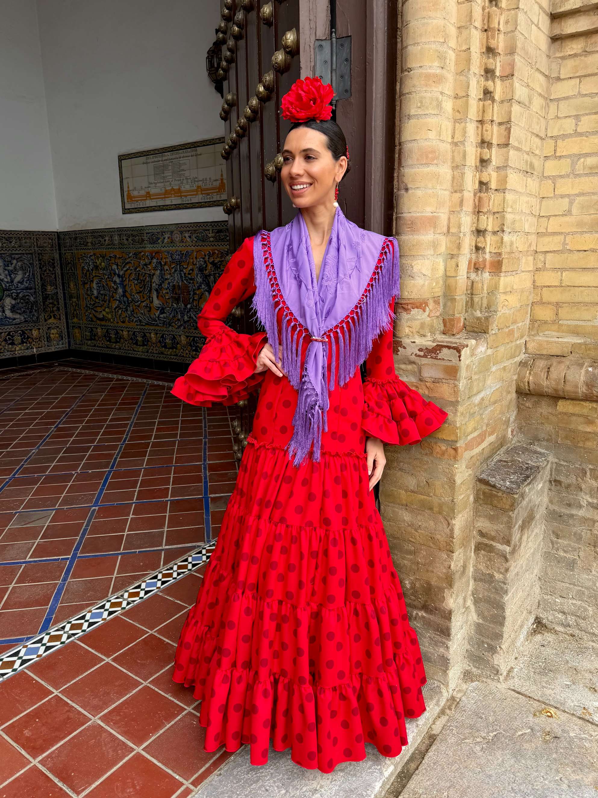 Traje de Flamenca Canastero Talle alto Rojo lunar Burdeos