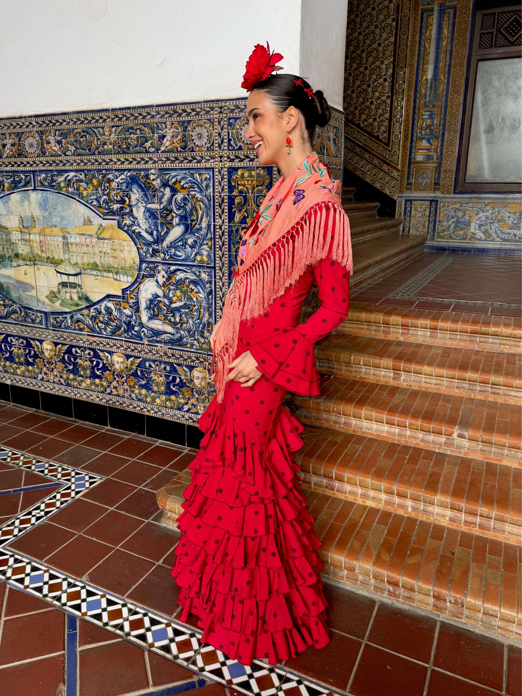 Traje de Flamenca Multivolantes Picos Rojo lunar burdeos