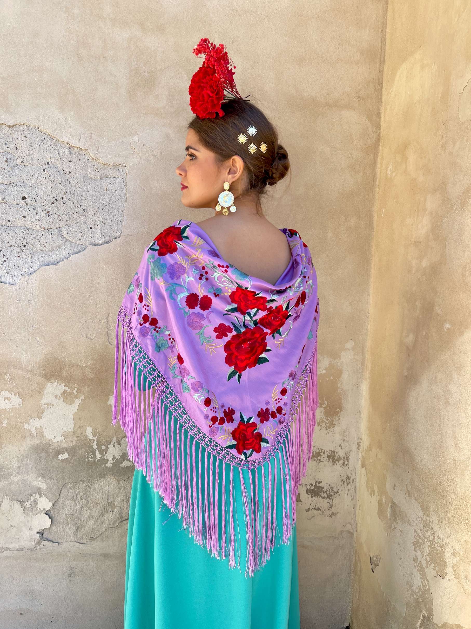 Mantoncillo de seda 'Deja que te mire' Flores Rojas Malva