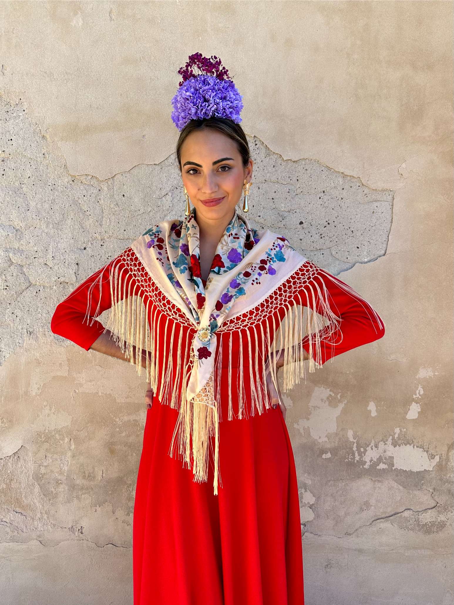 Mantoncillo de seda 'Deja que te mire' Flores Rojas Beige