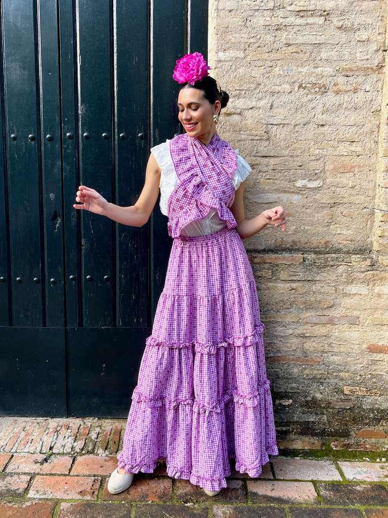 Conjunto de Falda y Piquillo de Romería Vichy con Lunares Buganvilla