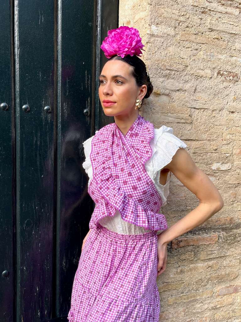 Conjunto de Falda y Piquillo de Romería Vichy con Lunares Buganvilla