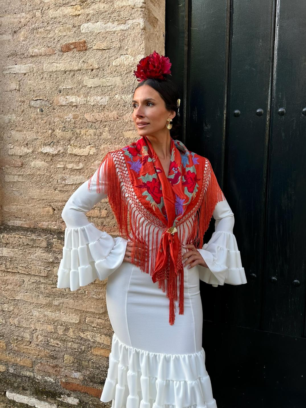 Traje Flamenca Low Cost 3 Volantes Canasteros Blanco