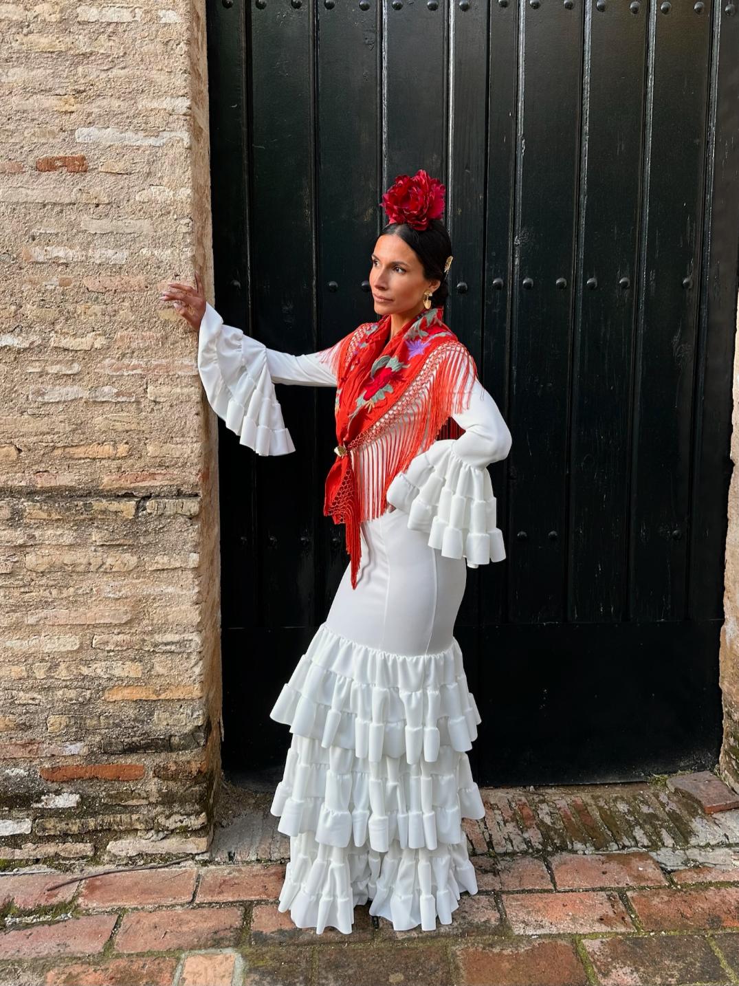 Traje Flamenca Low Cost 3 Volantes Canasteros Blanco