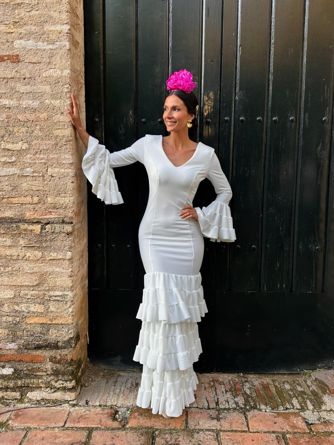 Traje Flamenca Low Cost 3 Volantes Canasteros Blanco