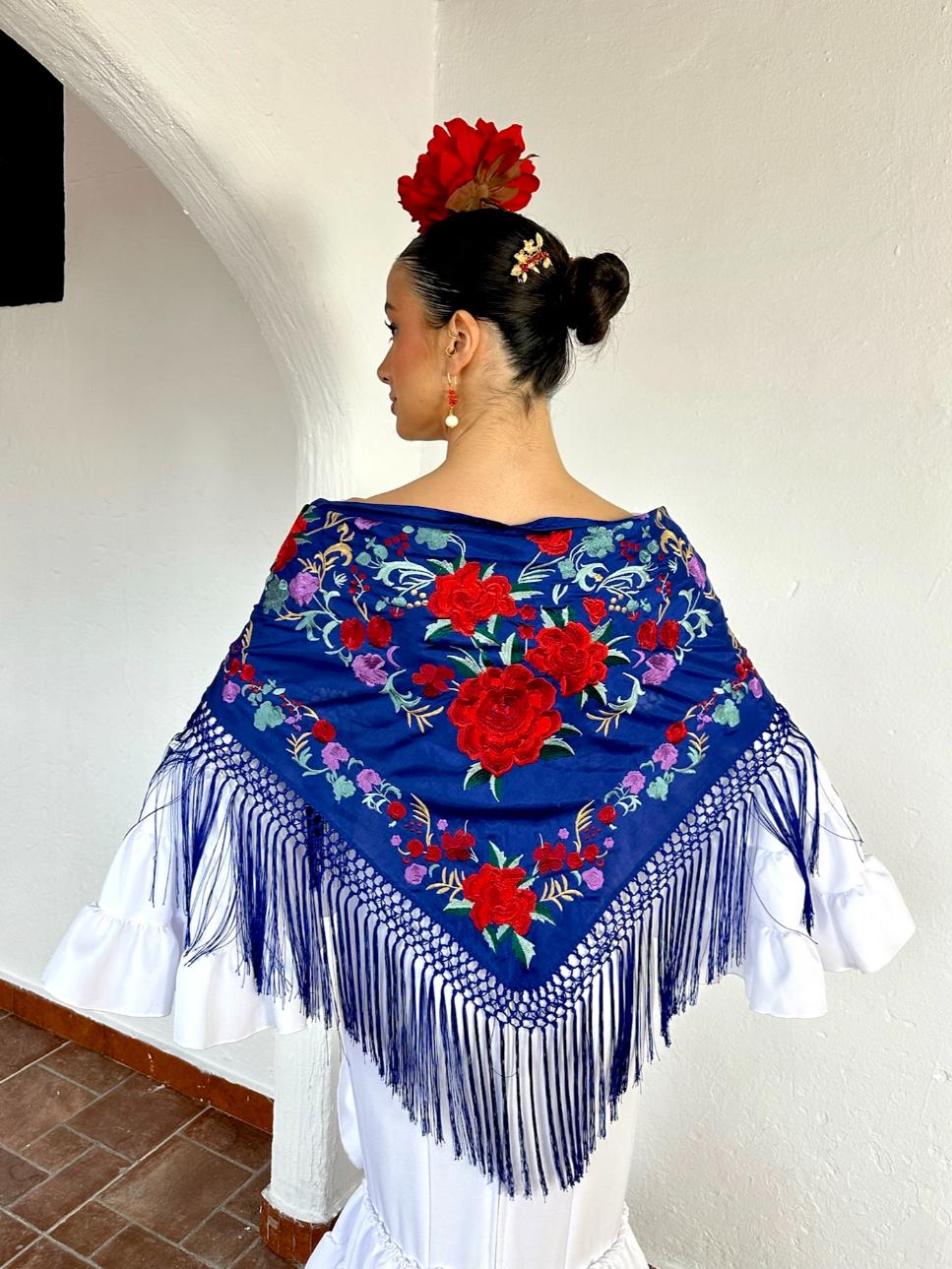 Mantoncillo de seda 'Deja que te mire' Flores Rojas Azul Eléctrico