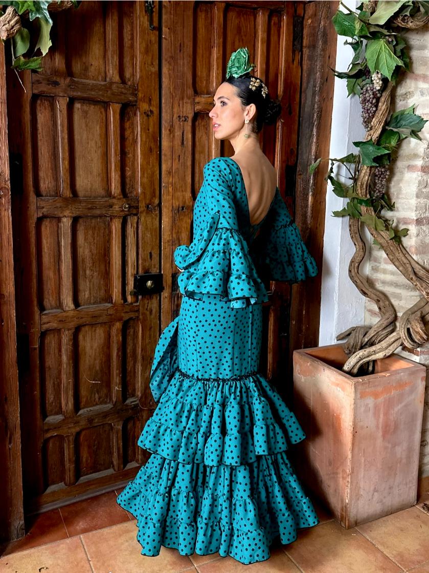 Traje de Flamenca Strech Subida Verde con Lunar Negro