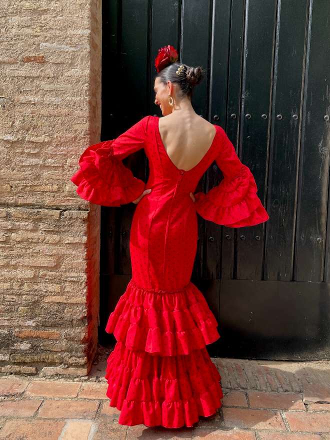 Traje de flamenca Strech Volante Subida Rojo Lunar Burdeos
