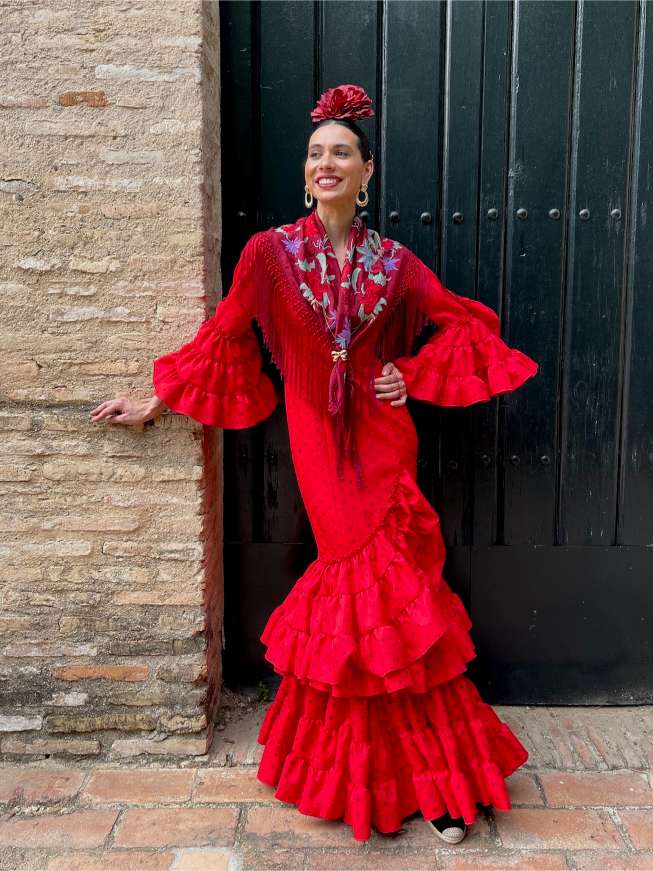 Traje de flamenca Strech Volante Subida Rojo Lunar Burdeos