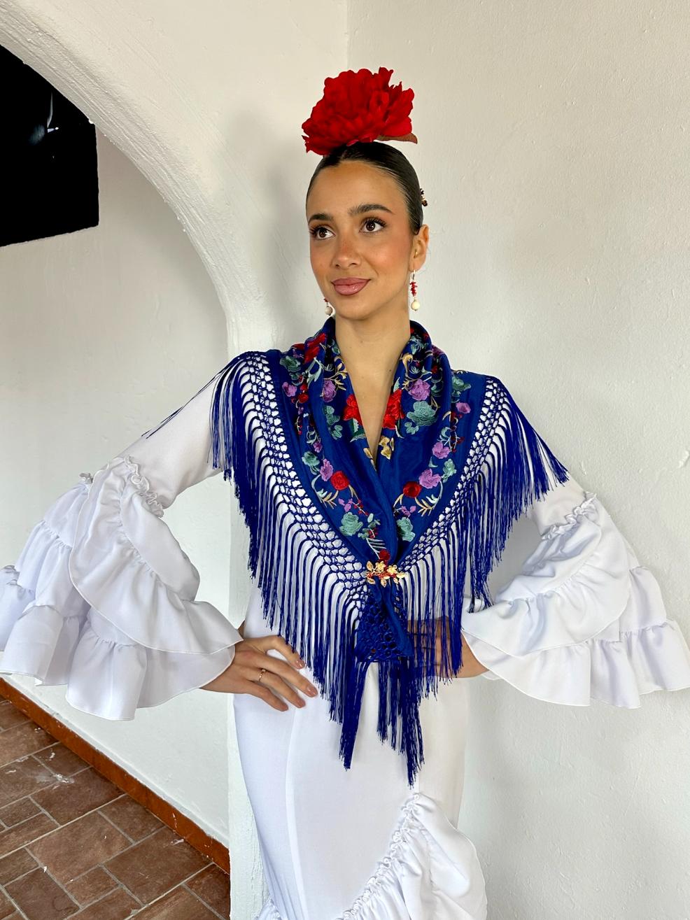 Mantoncillo de seda 'Deja que te mire' Flores Rojas Azul Eléctrico