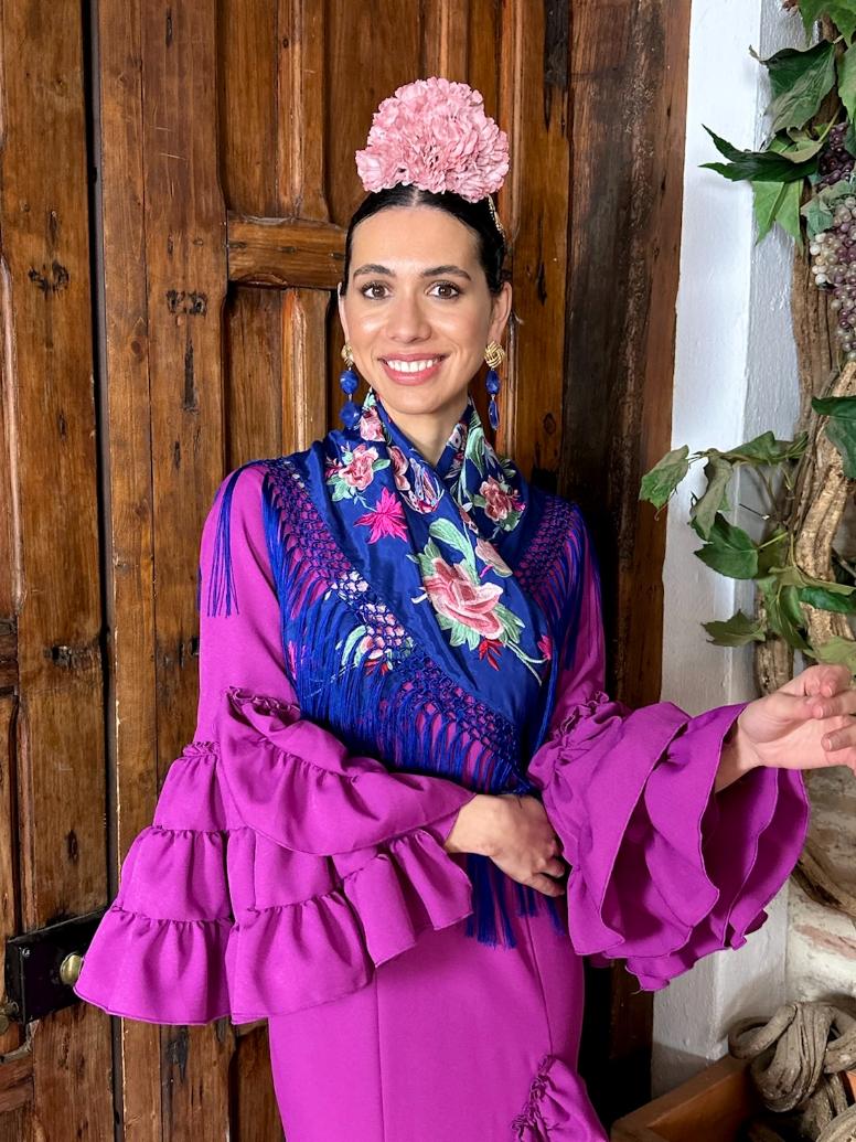 Mantoncillo de seda 'Rosa de Abril' Flores Rosas Azul Eléctrico