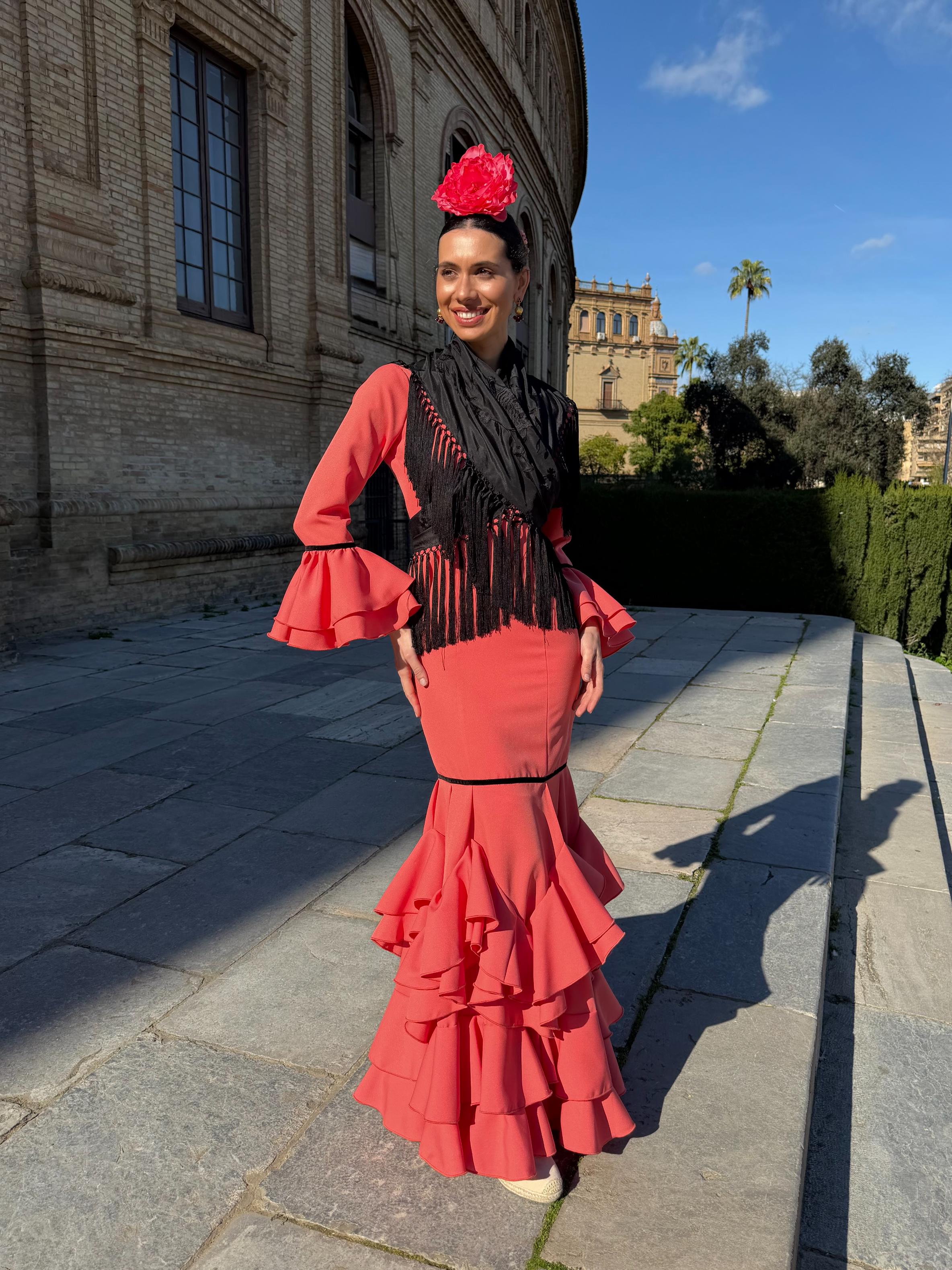 Traje de flamenca volantes zig zag coral