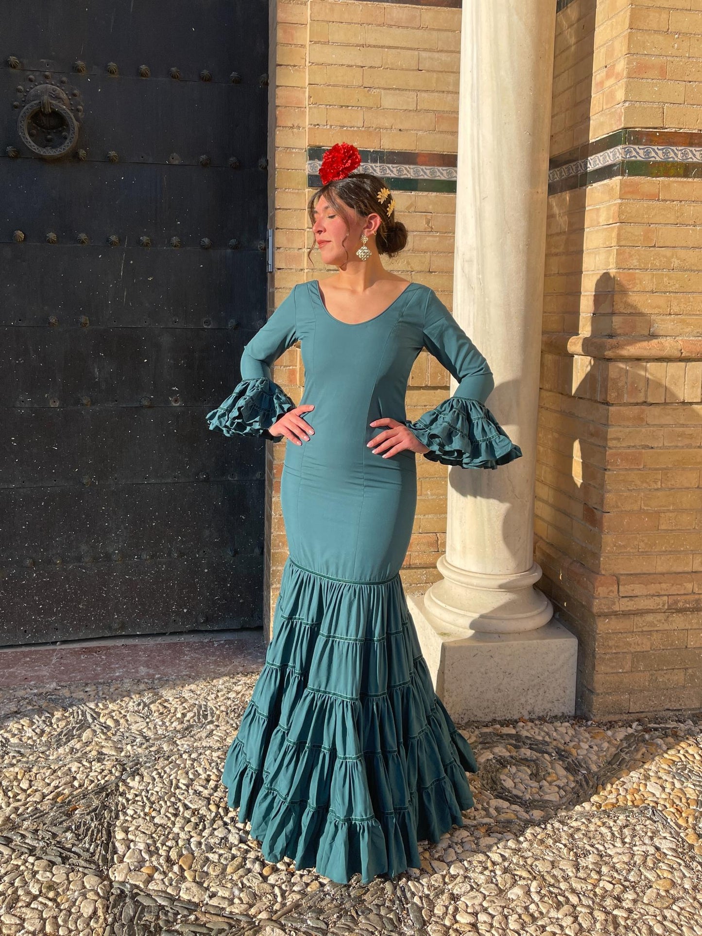 Traje Canastero de Flamenca Verde Esmeralda Adorno Terciopelo