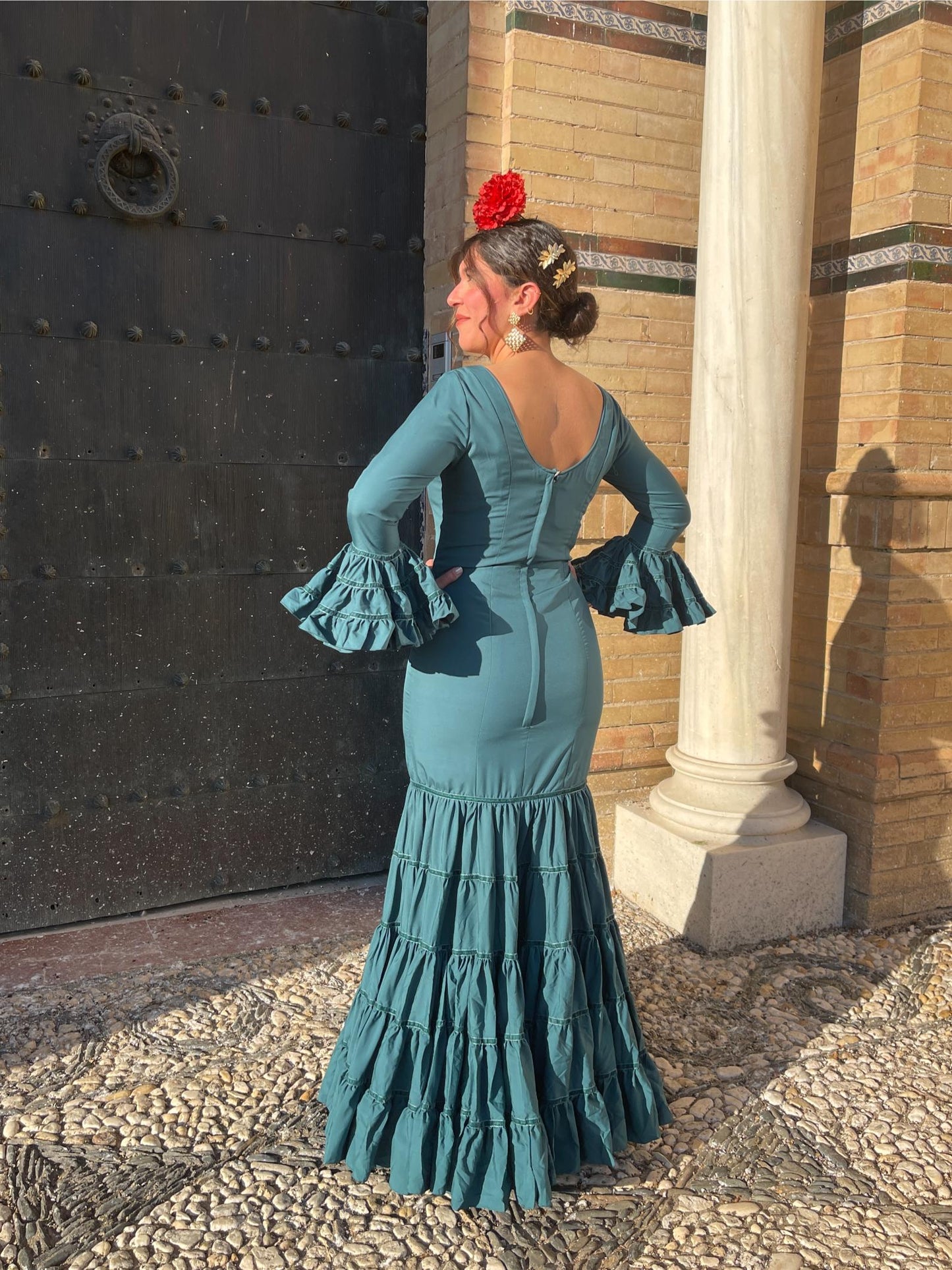 Traje Canastero de Flamenca Verde Esmeralda Adorno Terciopelo
