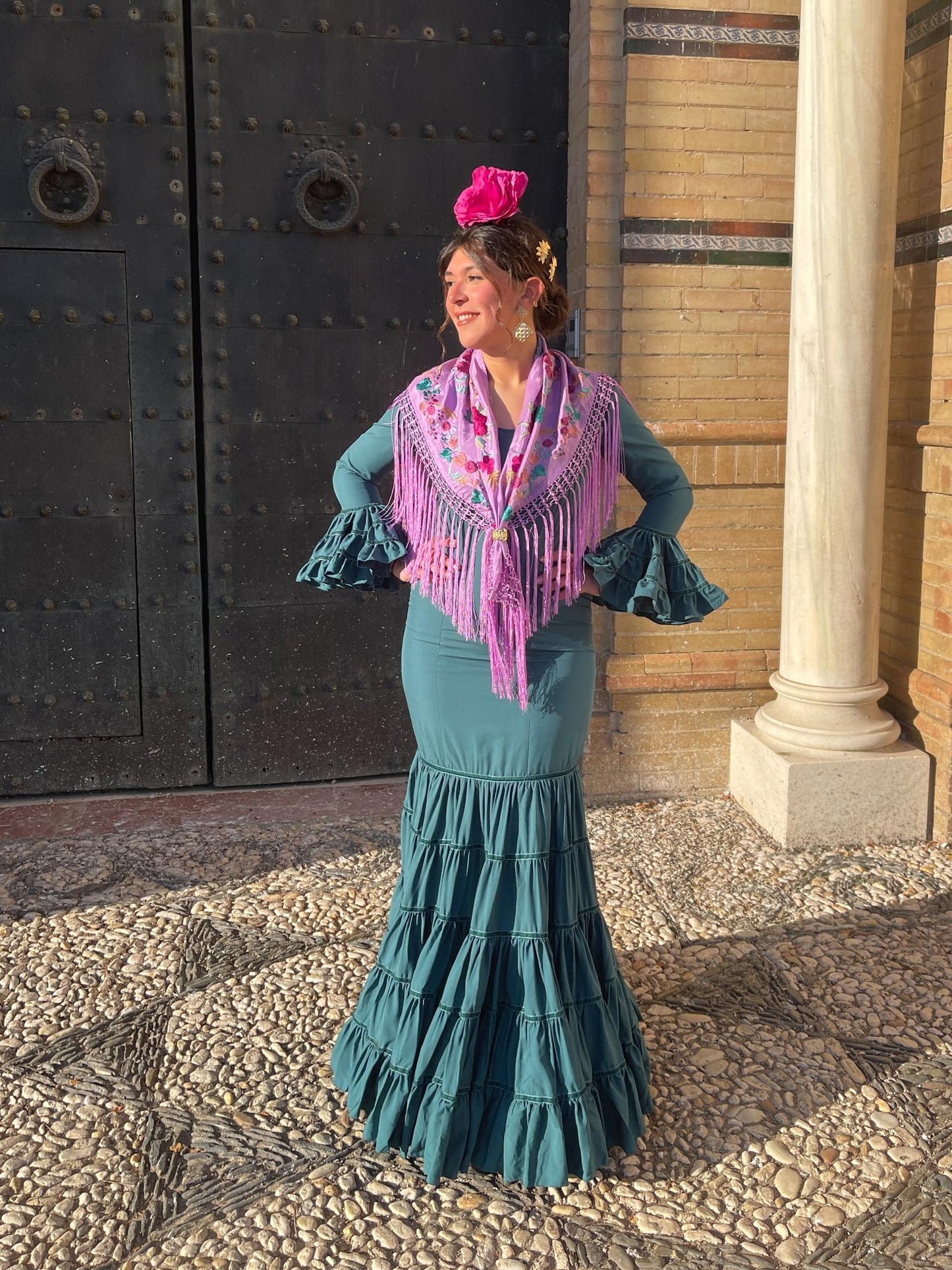 Traje Canastero de Flamenca Verde Esmeralda Adorno Terciopelo
