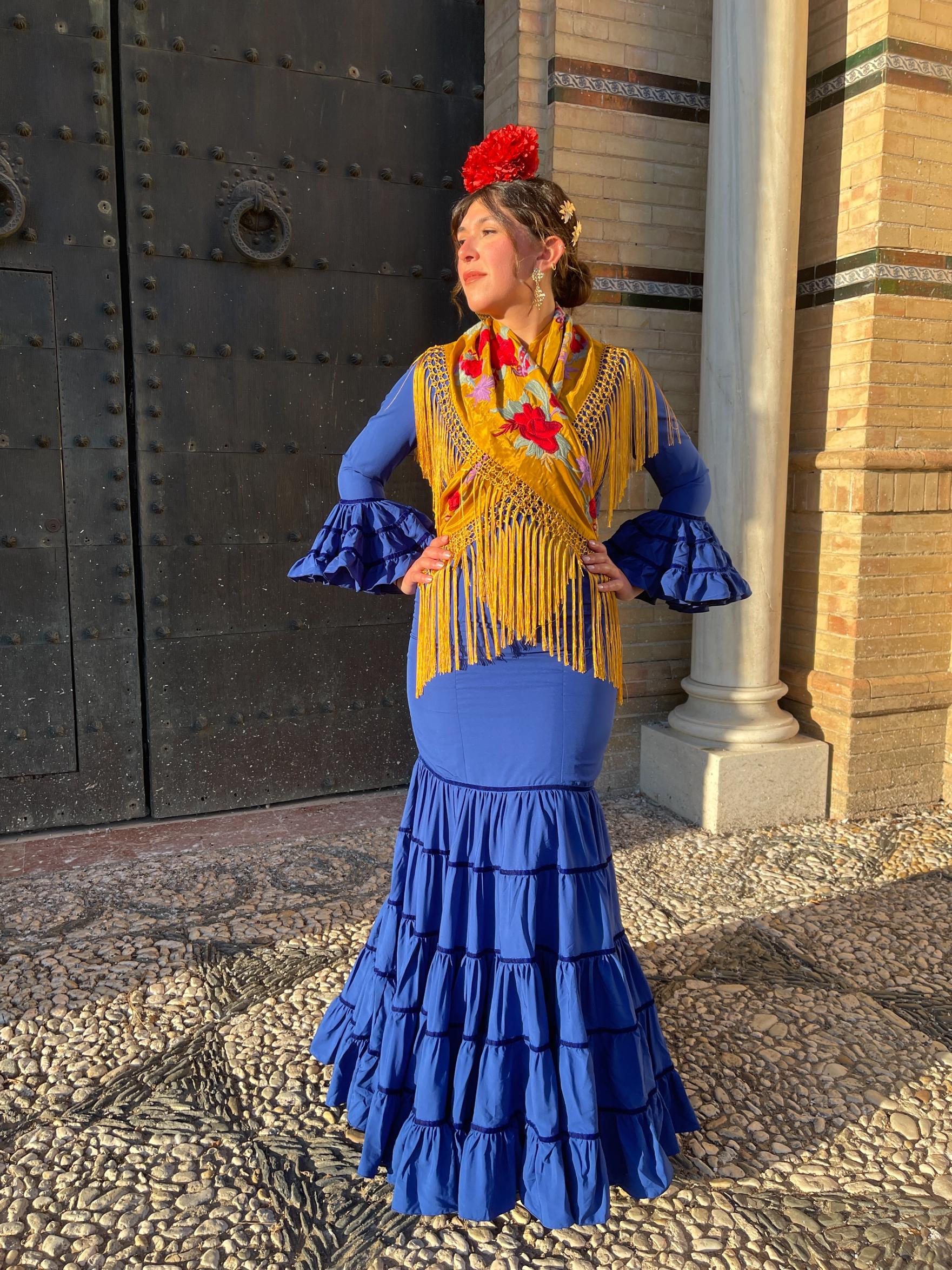 Traje Canastero de Flamenca Azul Eléctrico Adorno Terciopelo – koralti