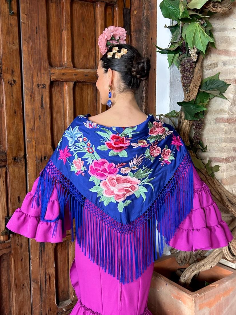 Mantoncillo de seda 'Rosa de Abril' Flores Rosas Azul Eléctrico