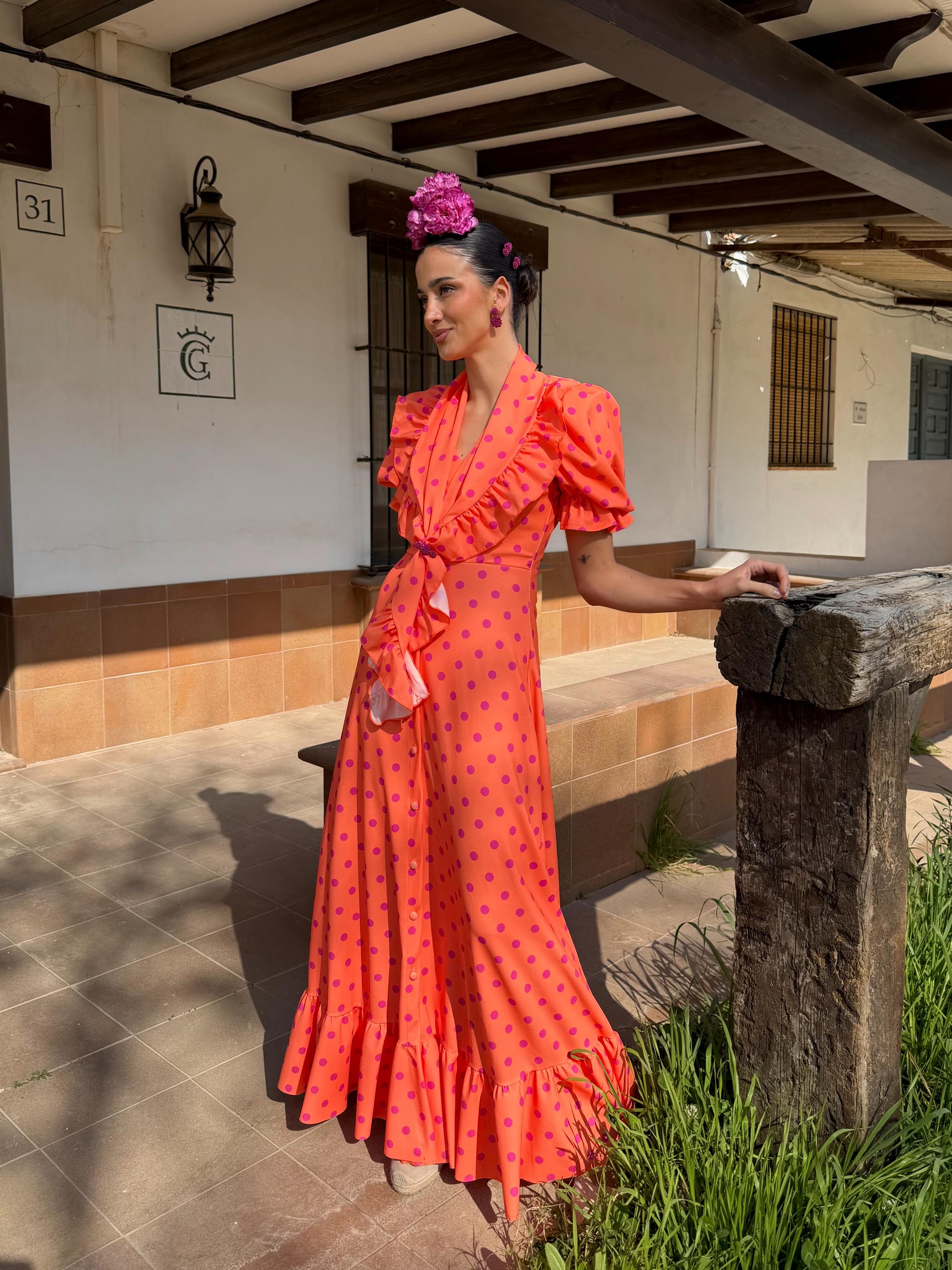 Bata Rociera Lunares Mangas de Farol Naranja Lunar Buganvilla