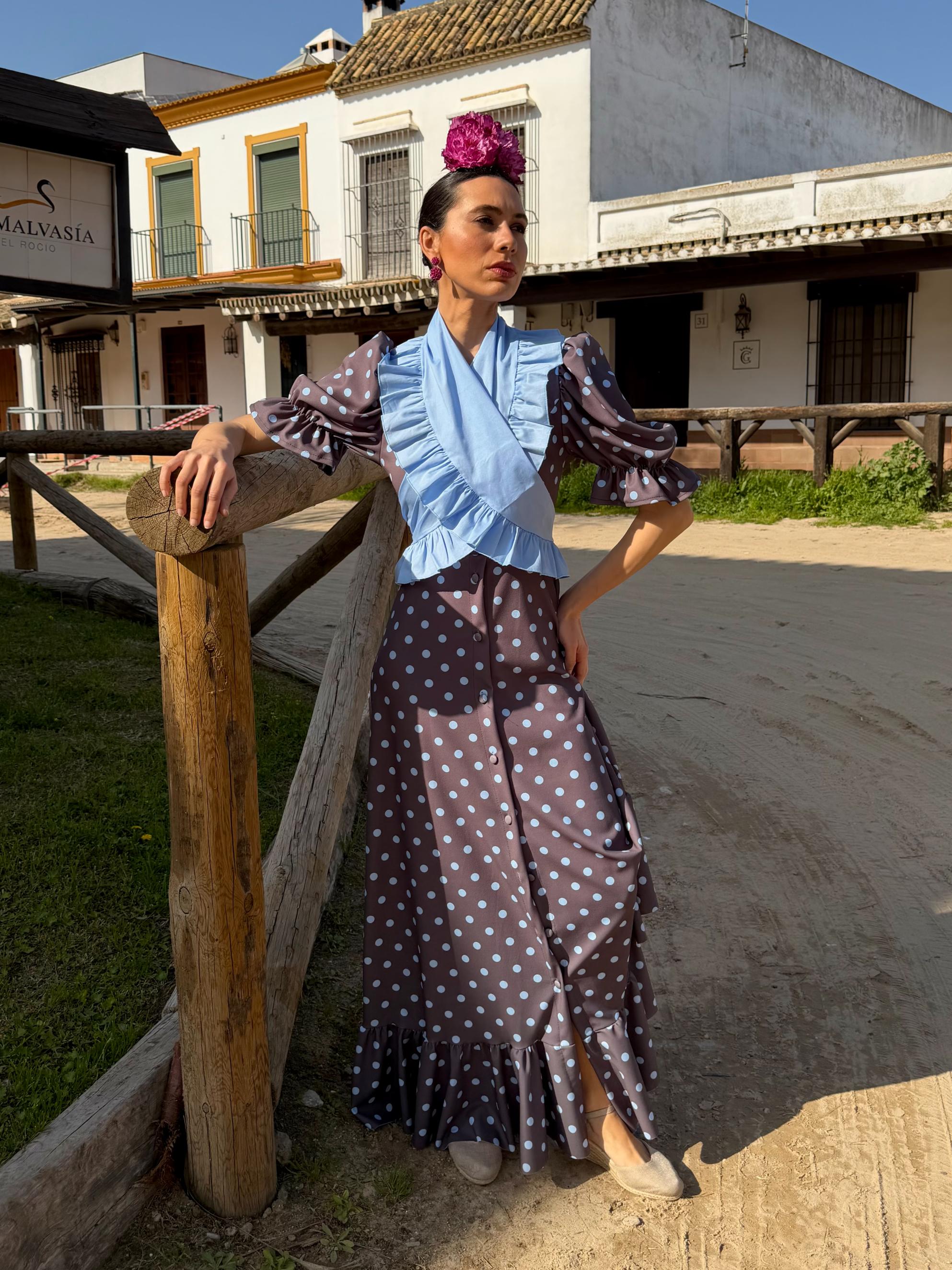 Bata Rociera Lunares Mangas de Farol Gris Lunar Celeste