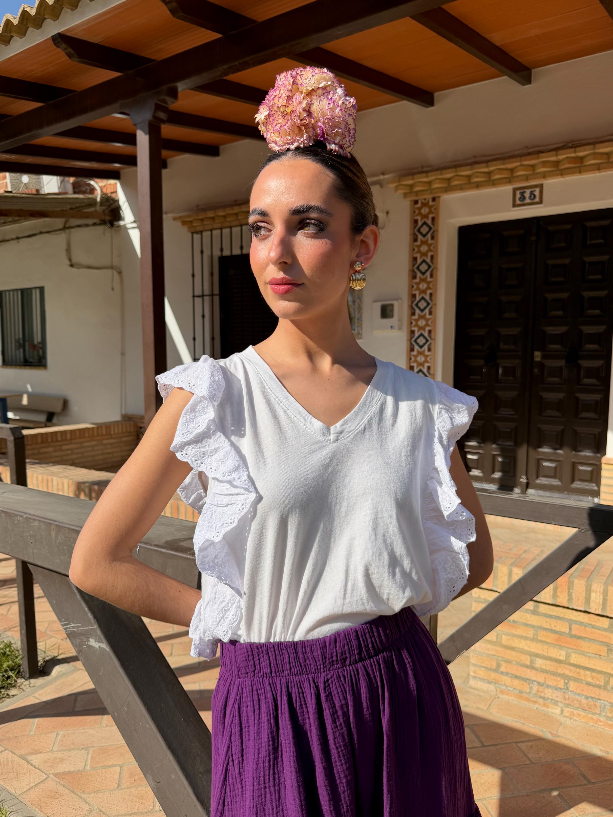 Camiseta de Romería Manga Corta con Tira Bordada