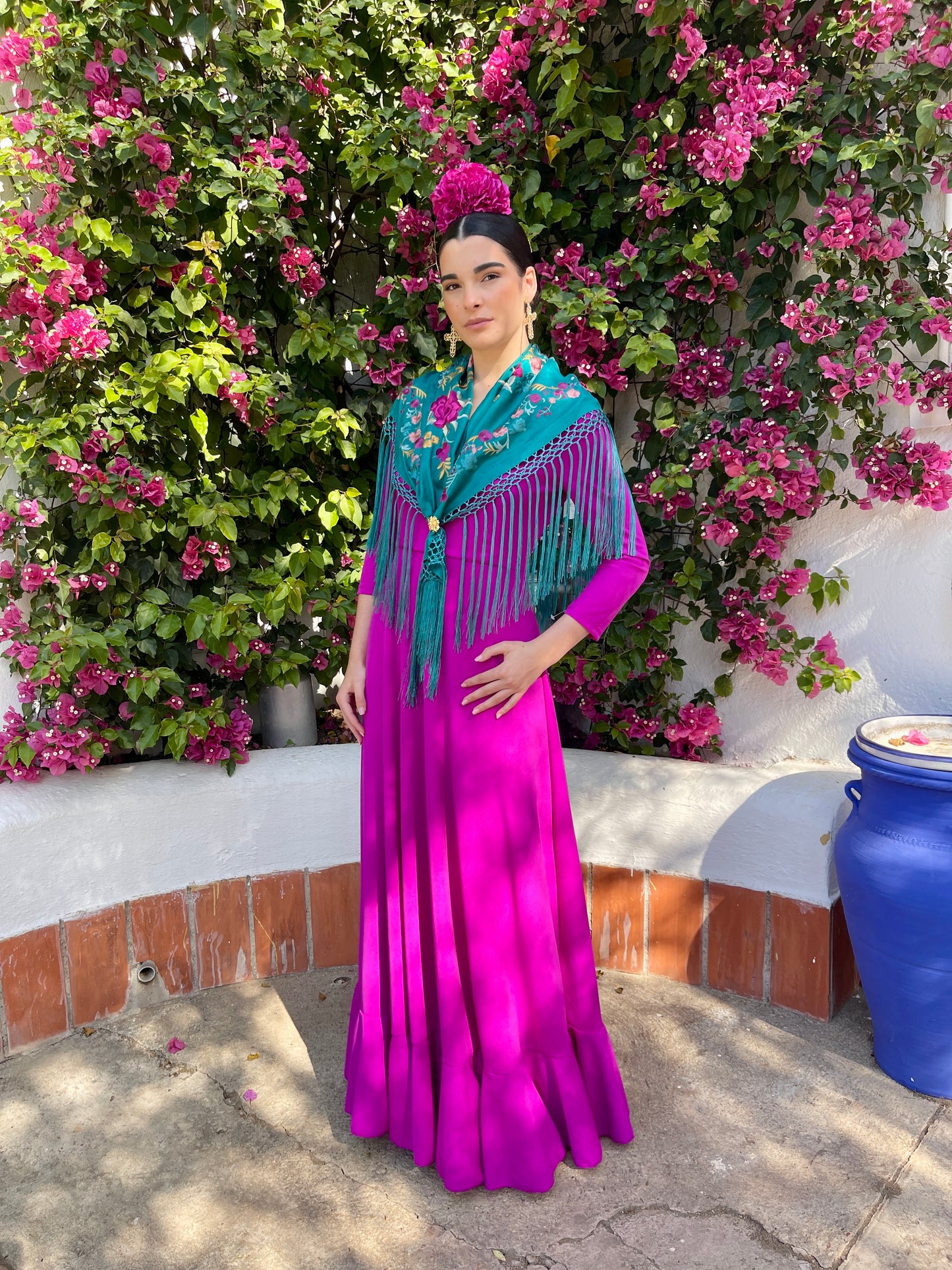 Mantoncillo de seda 'Deja que te mire' Flores Rosas Verde Esmeralda