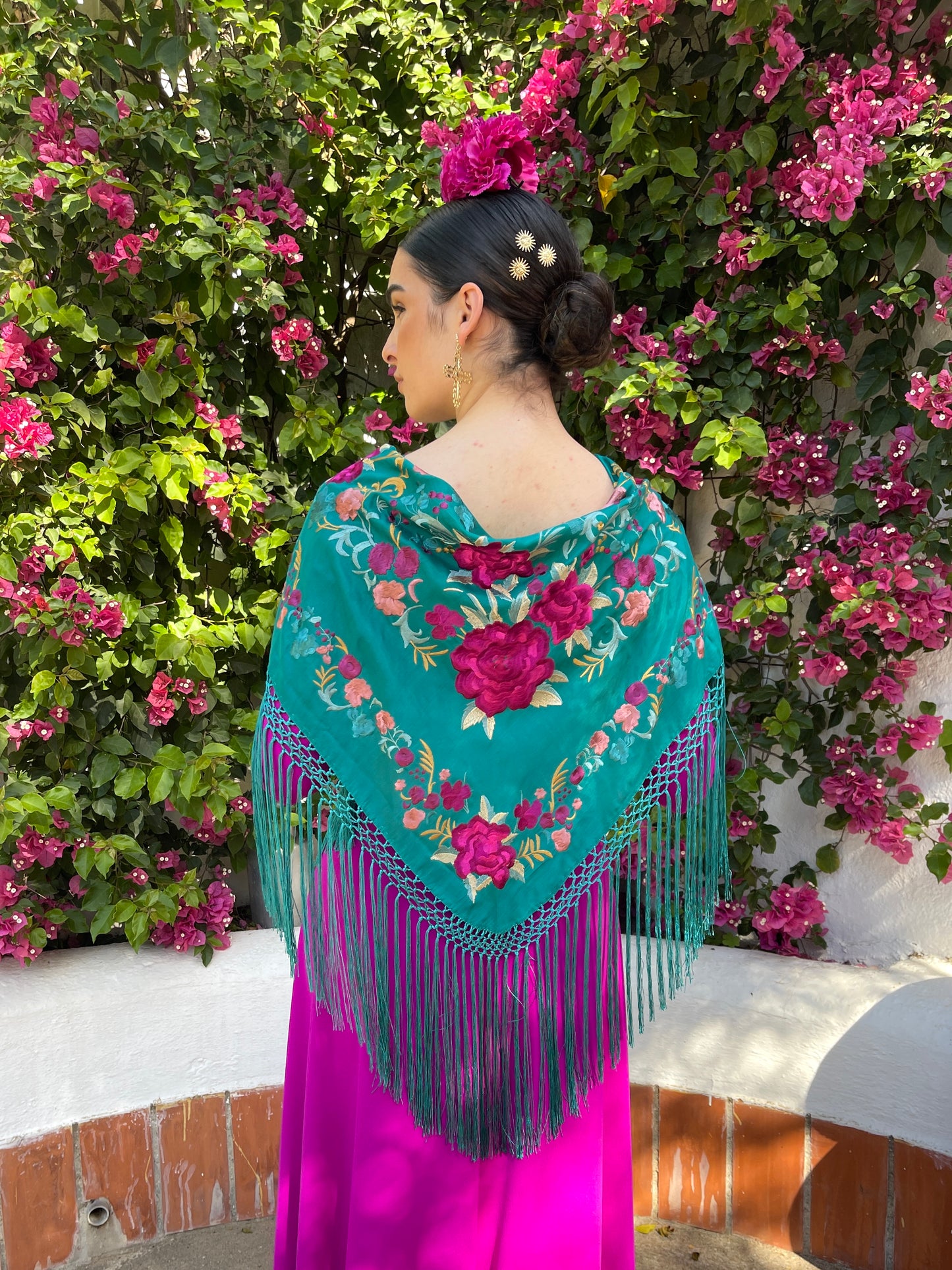 Mantoncillo de seda 'Deja que te mire' Flores Rosas Verde Esmeralda