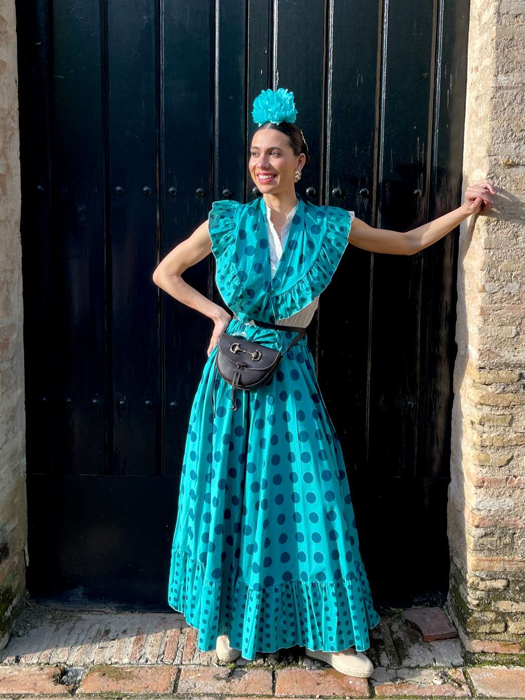 Conjunto de Falda y Piquillo de Romería Verde Agua con Lunares