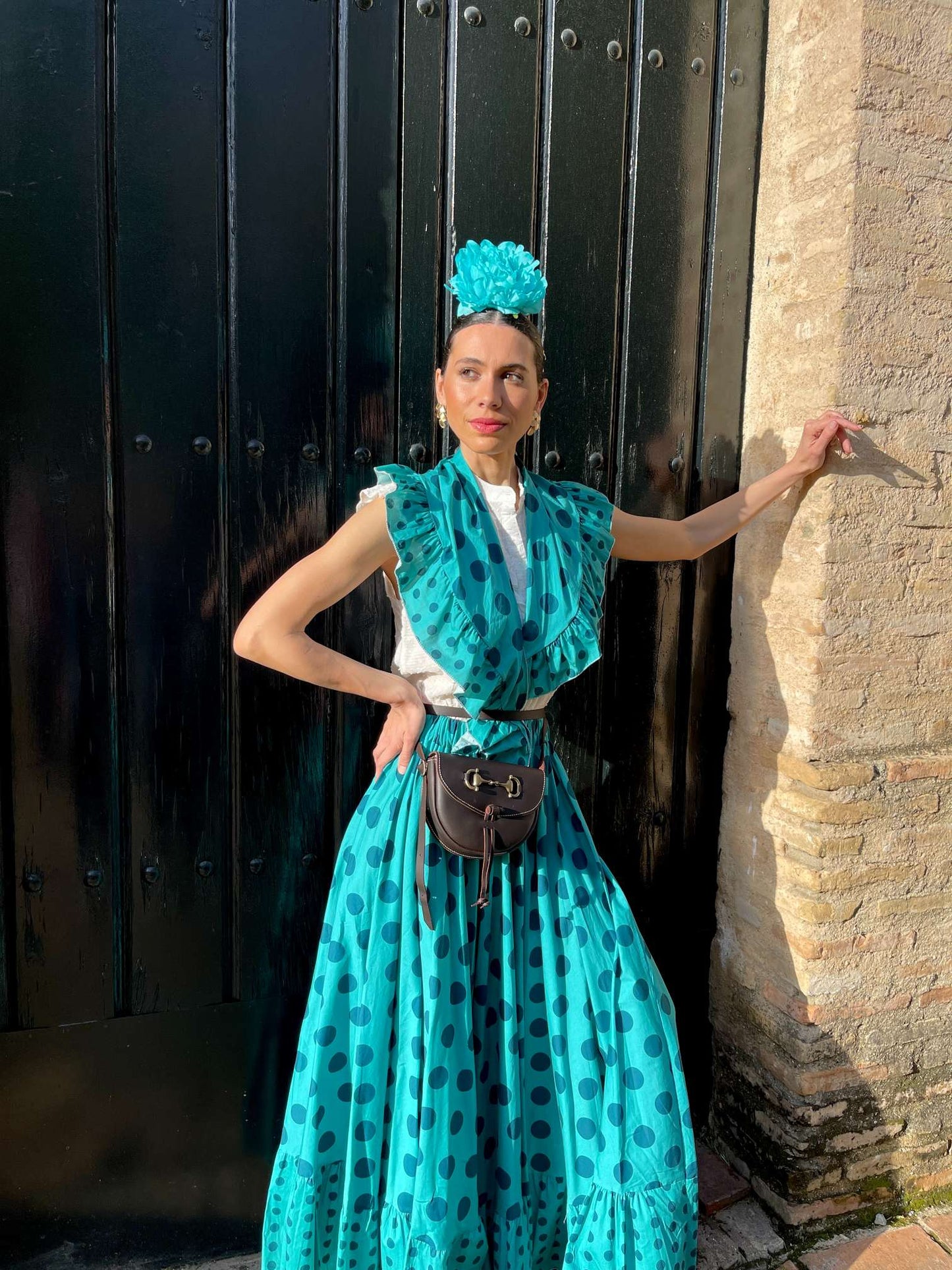 Conjunto de Falda y Piquillo de Romería Verde Agua con Lunares