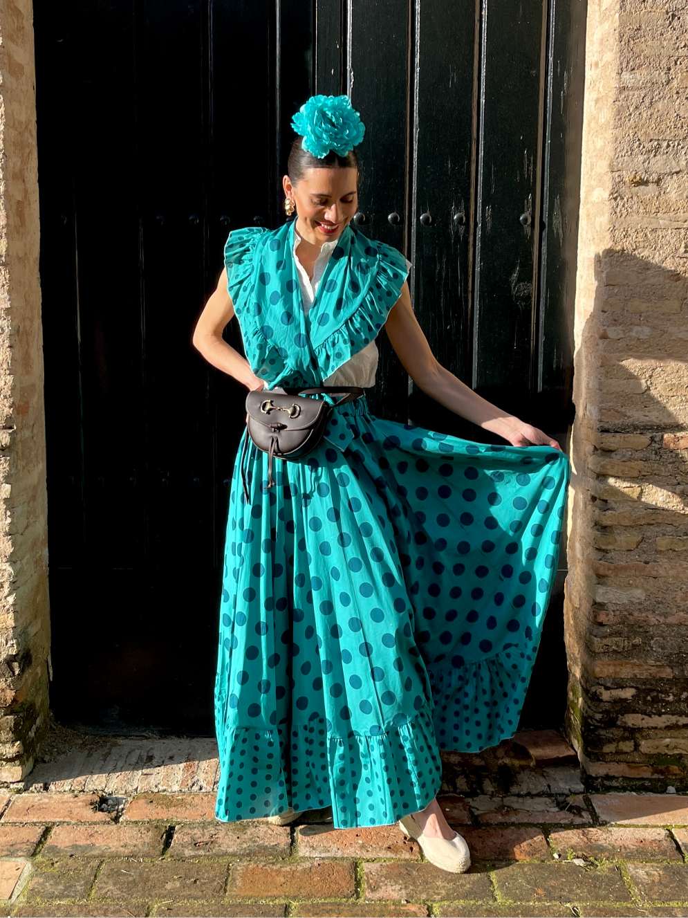 Conjunto de Falda y Piquillo de Romería Verde Agua con Lunares