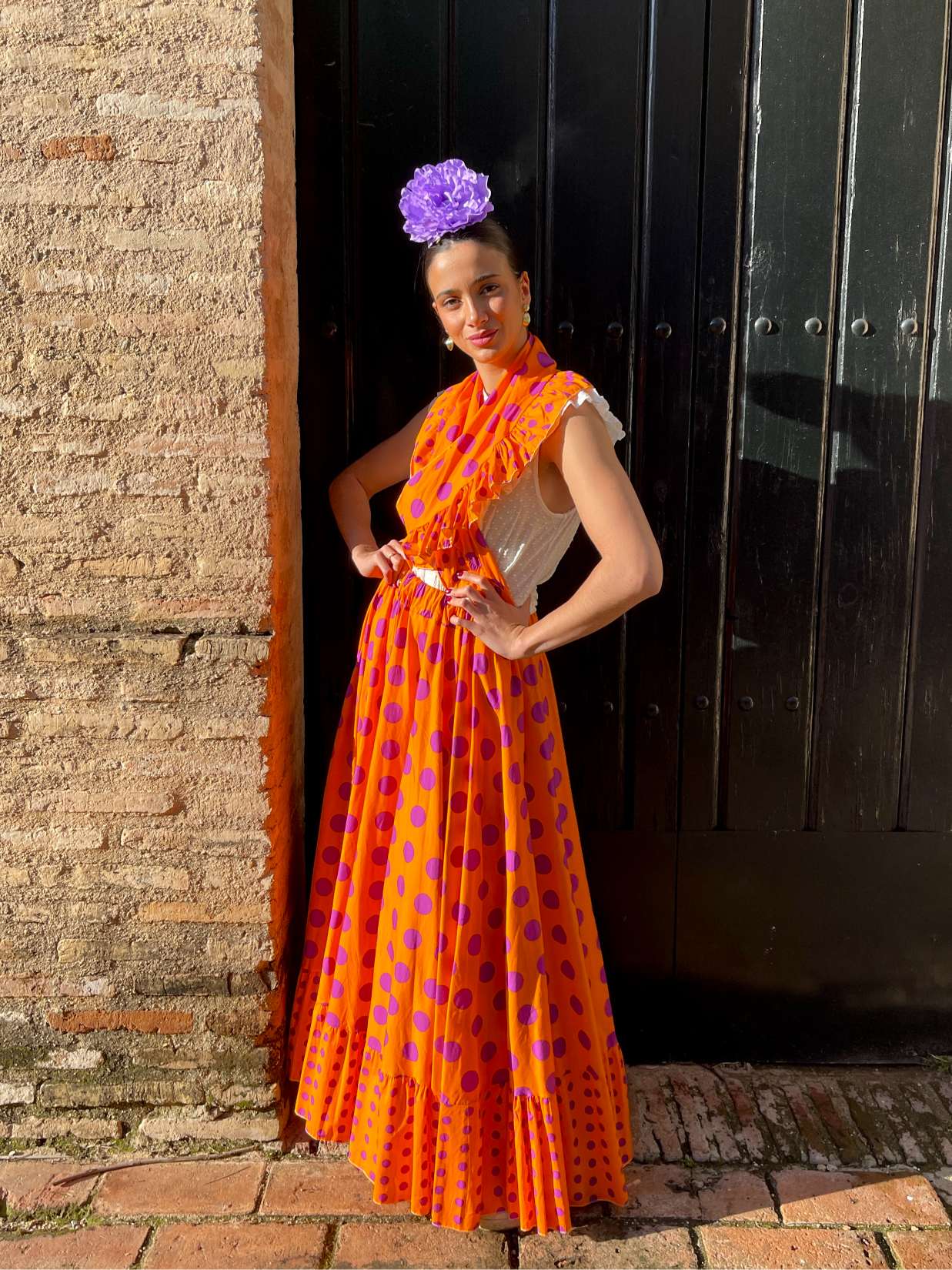 Conjunto de Falda y Piquillo de Romería Naranja y Lunar Morado