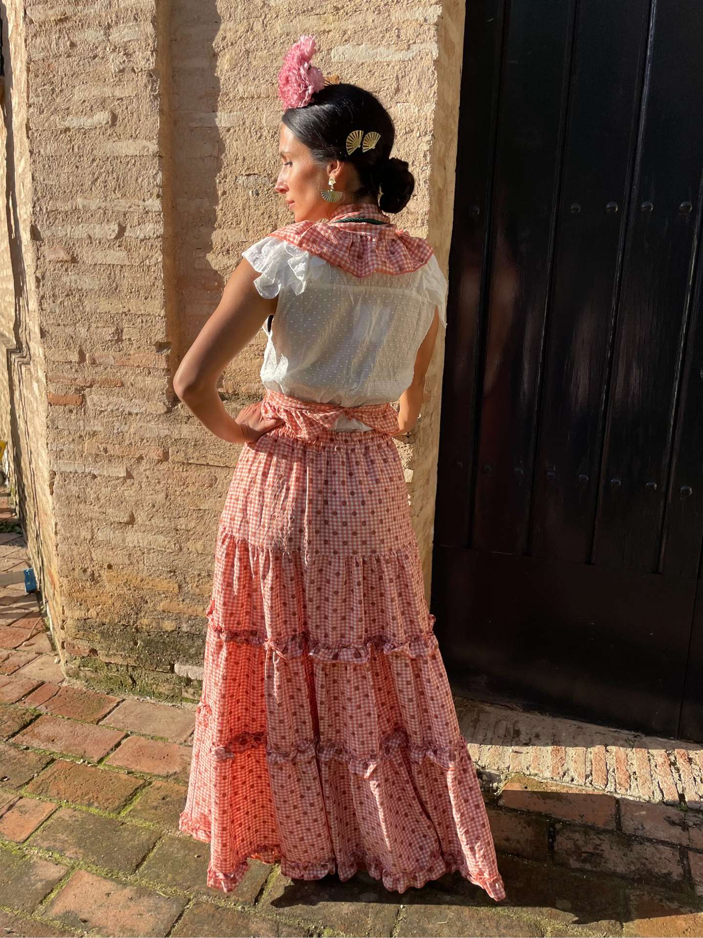 Conjunto de Falda y Piquillo de Romería Vichy con Lunares Naranja