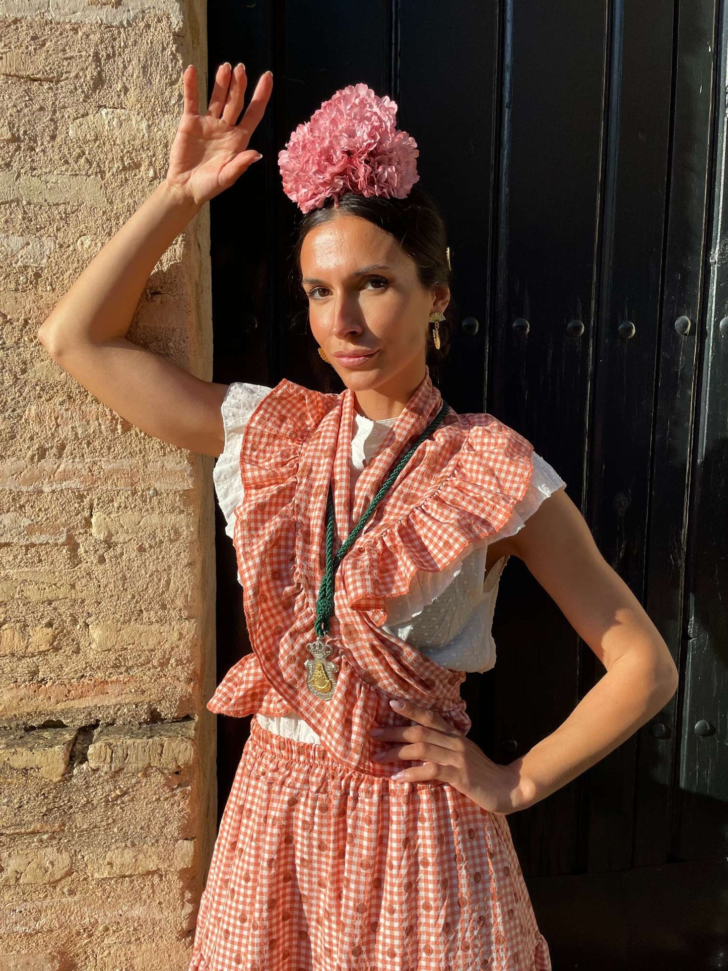 Conjunto de Falda y Piquillo de Romería Vichy con Lunares Naranja