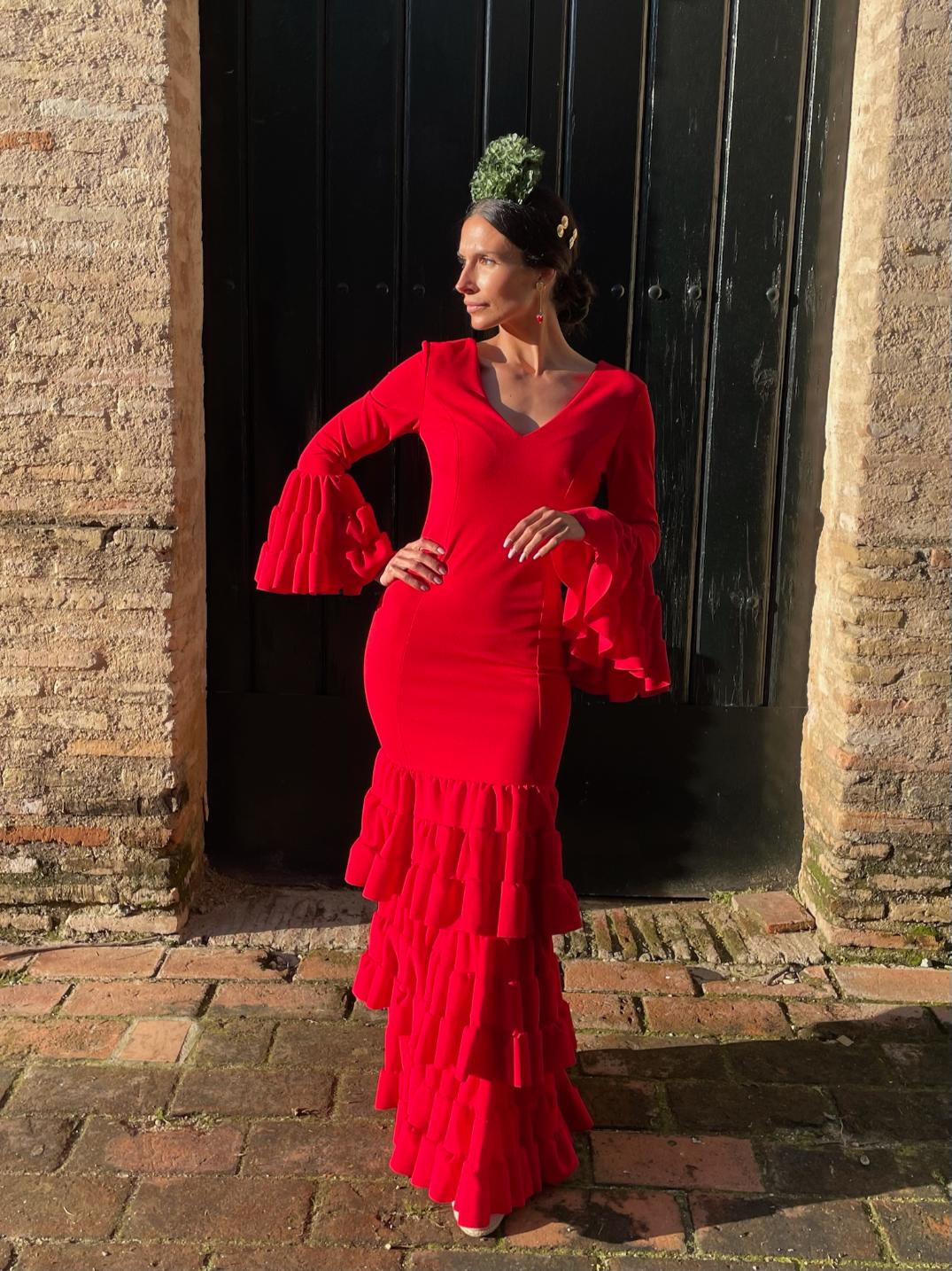 Traje Flamenca Low Cost 3 Volantes Canasteros Rojo