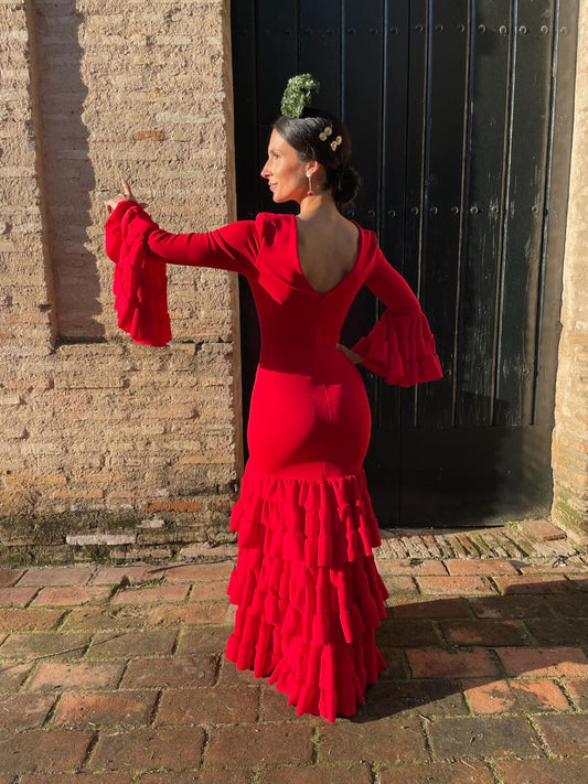Traje Flamenca Low Cost 3 Volantes Canasteros Rojo