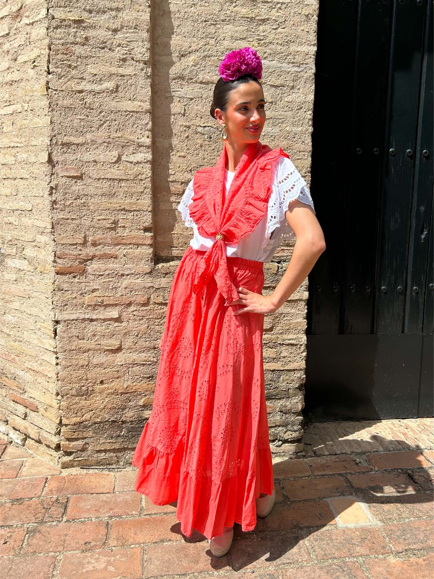 Falda de Romería Perforada Coral