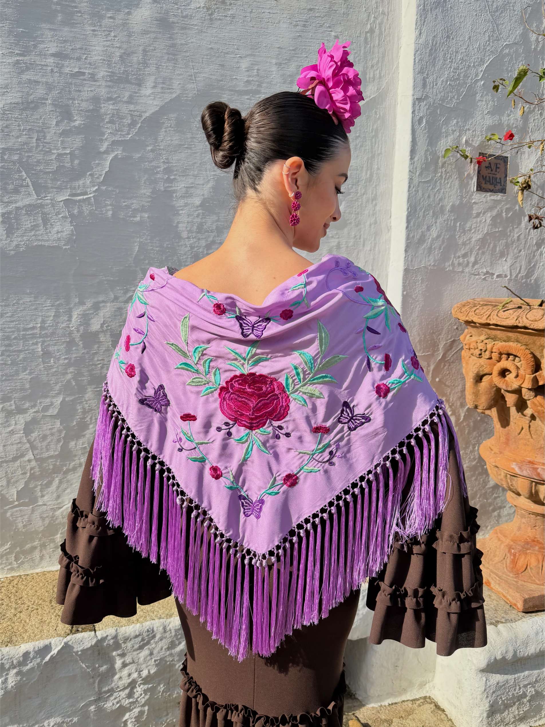 Mantoncillo de flamenca 'Koralti' Malva con Flores Buganvilla