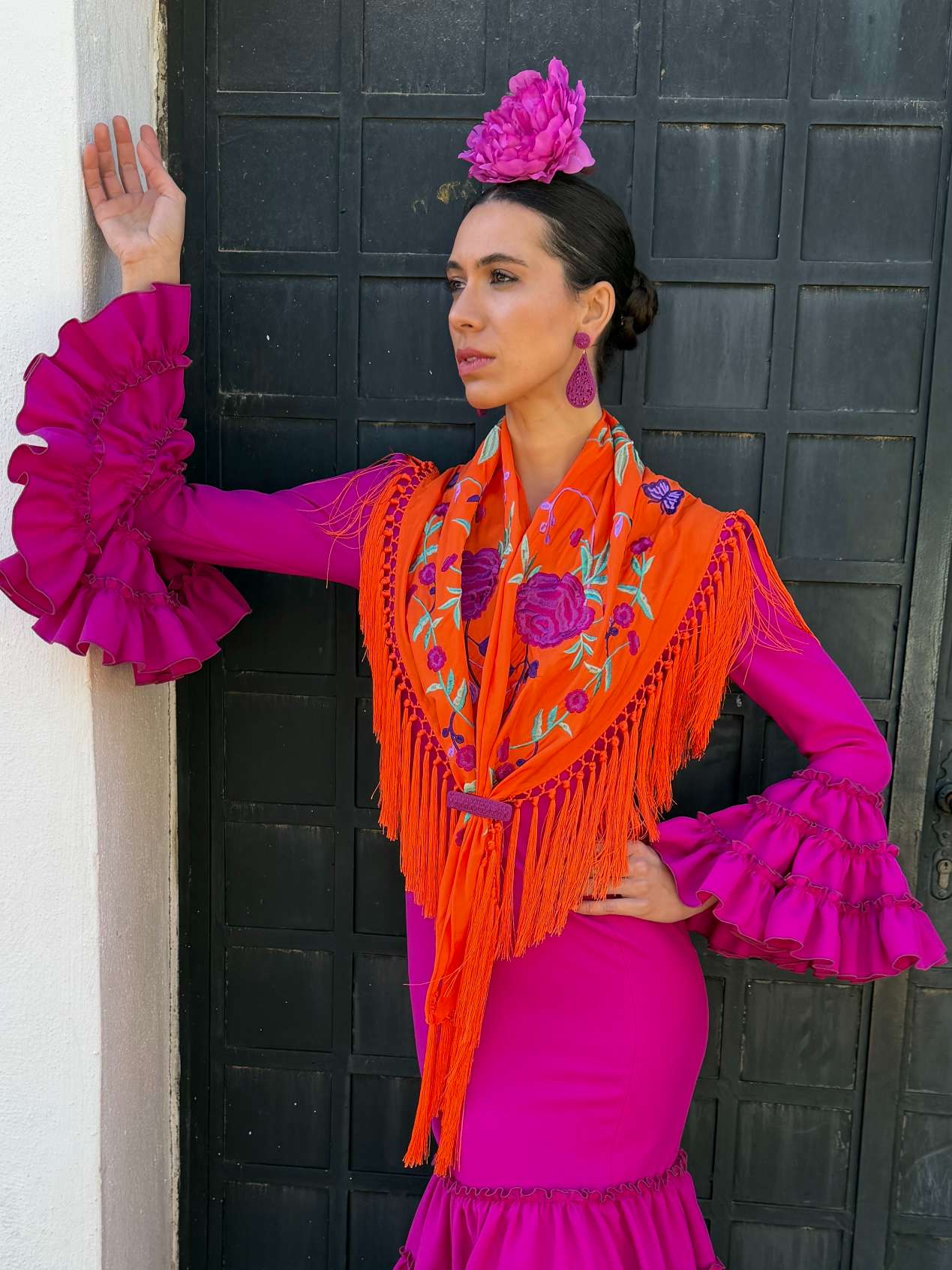 Mantoncillo de flamenca 'Koralti' Naranja Bordado Buganvilla