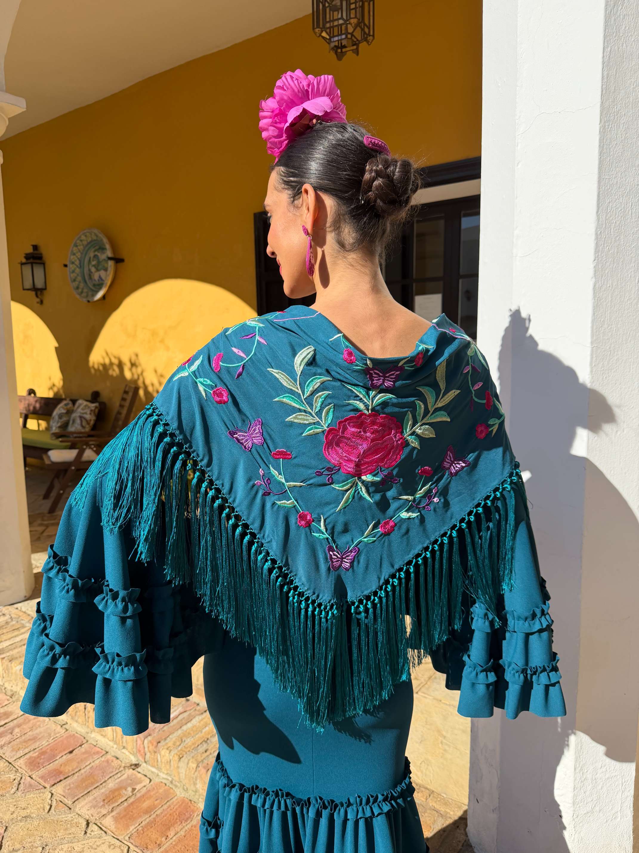 Mantoncillo de flamenca'Koralti' Petróleo con Flores Buganvilla