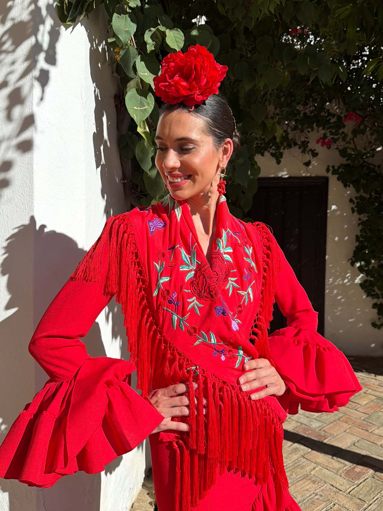 Mantoncillo de flamenca Rojo Flores Rojas