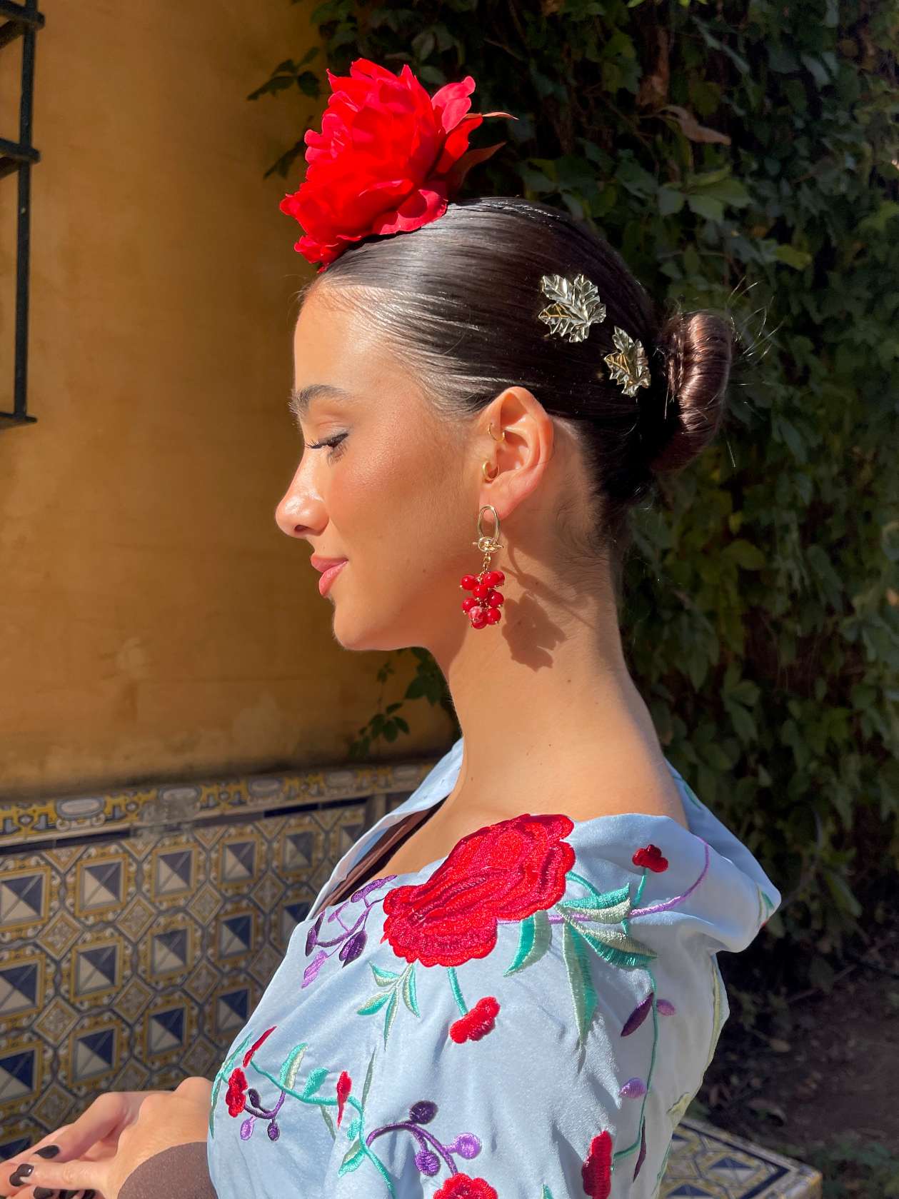 Pendientes de flamenca dorados perlas rojo