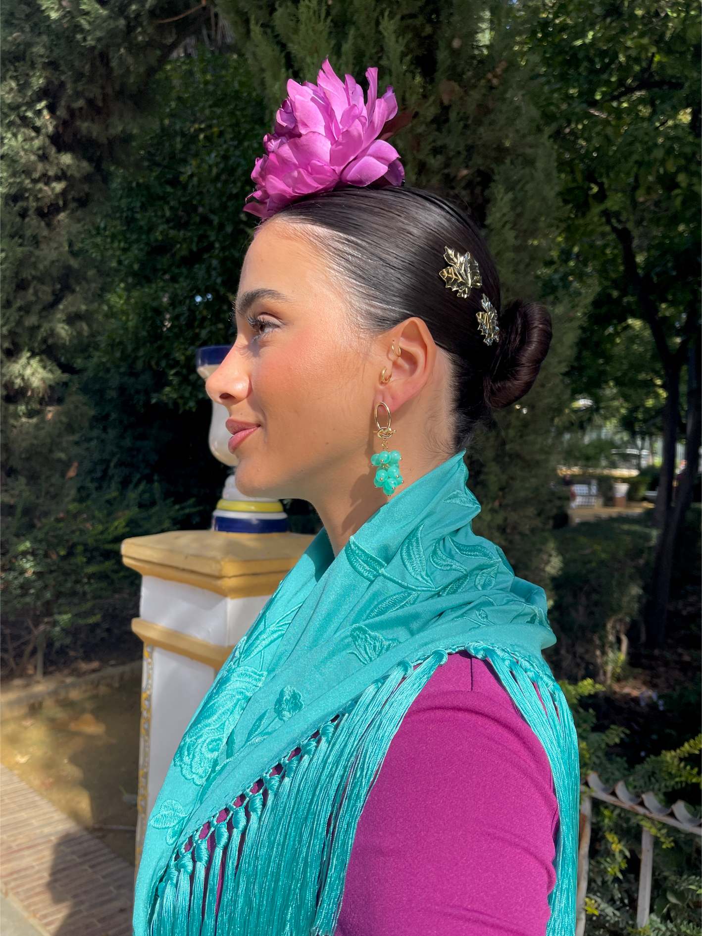 Pendientes de flamenca dorados perlas verde agua