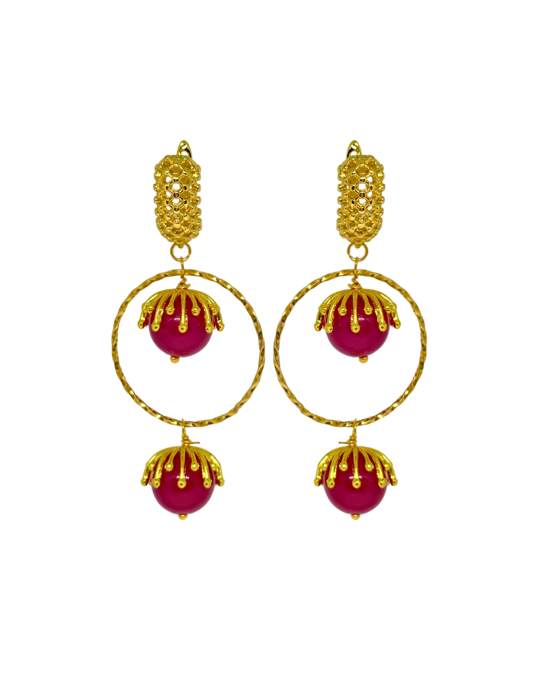 Pendientes de flamenca aros de piedras naturales buganvilla